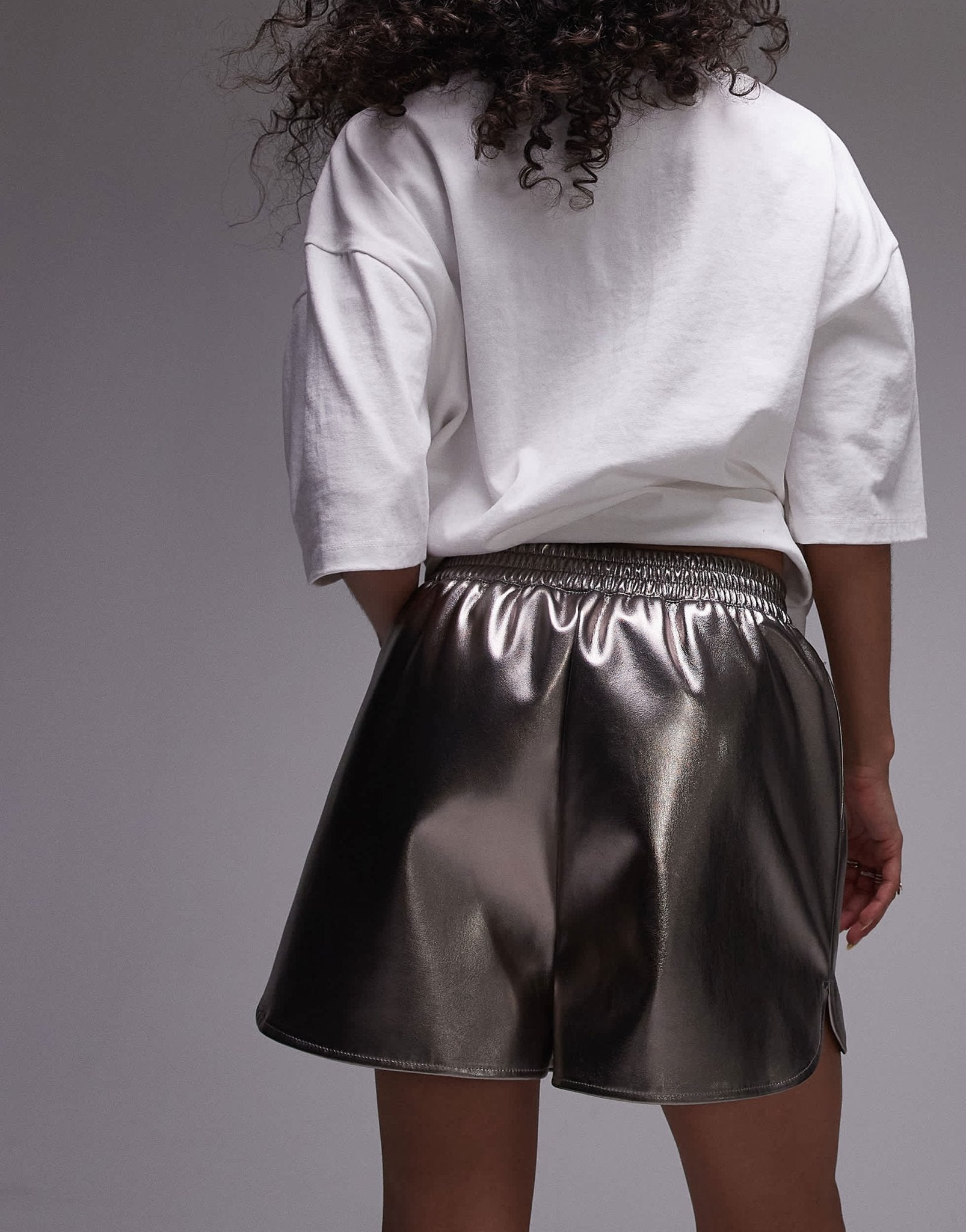 Topshop faux leather runner short in gunmetal - ASOS Sample Sale