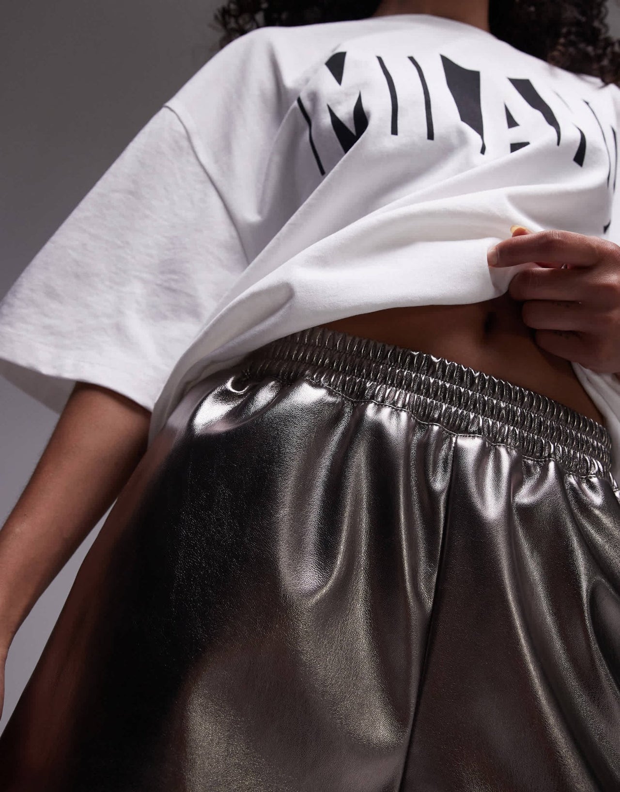 Topshop faux leather runner short in gunmetal - ASOS Sample Sale