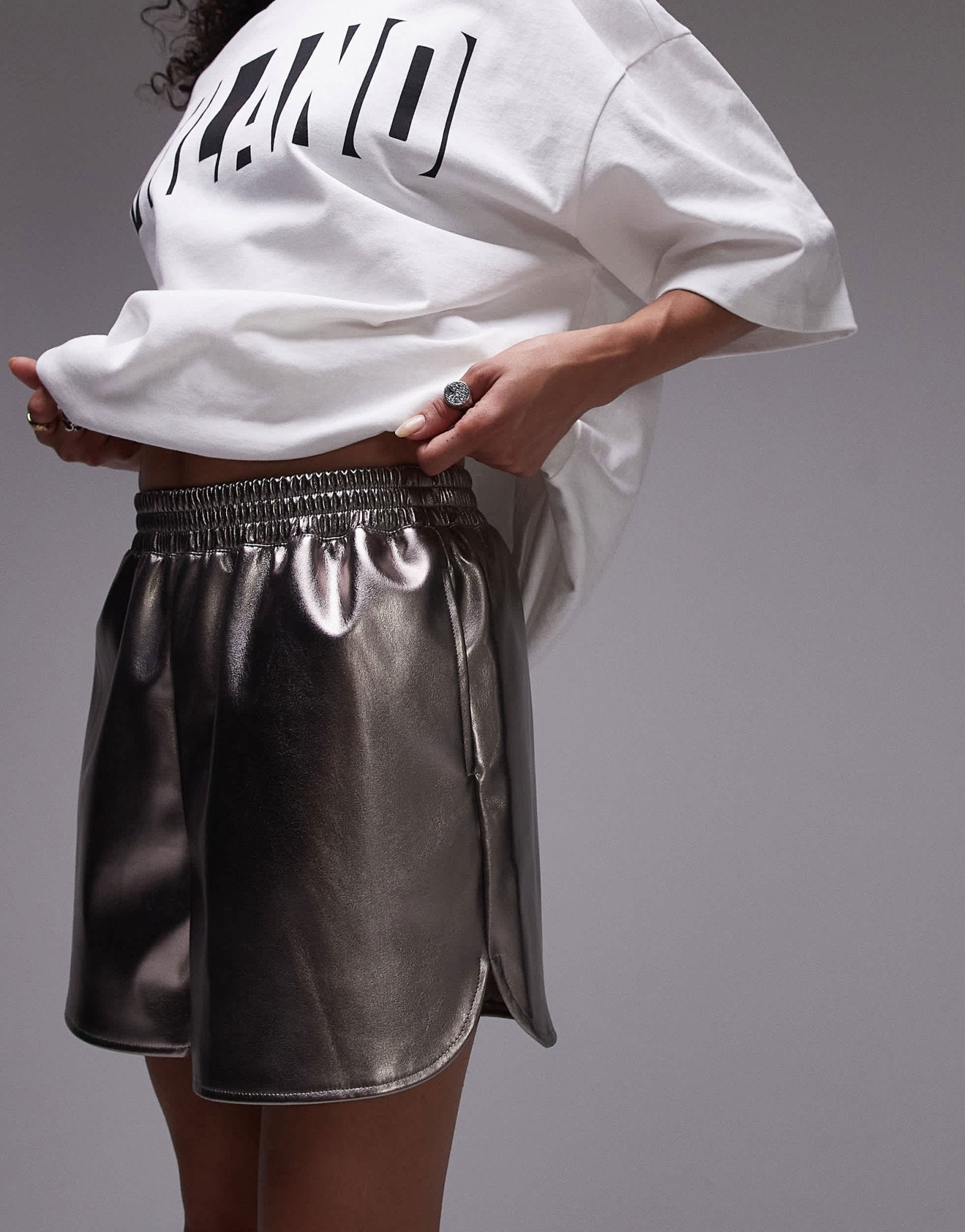 Topshop faux leather runner short in gunmetal - ASOS Sample Sale