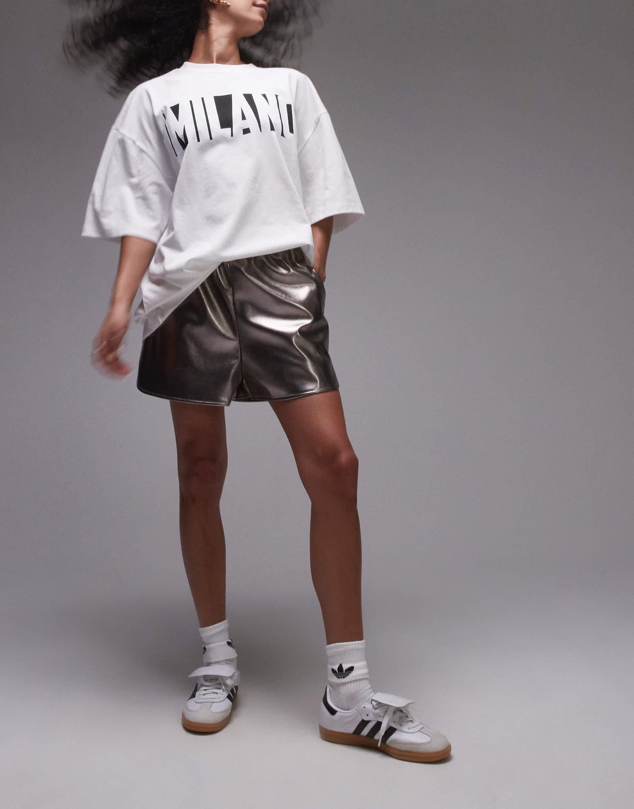 Topshop faux leather runner short in gunmetal - ASOS Sample Sale