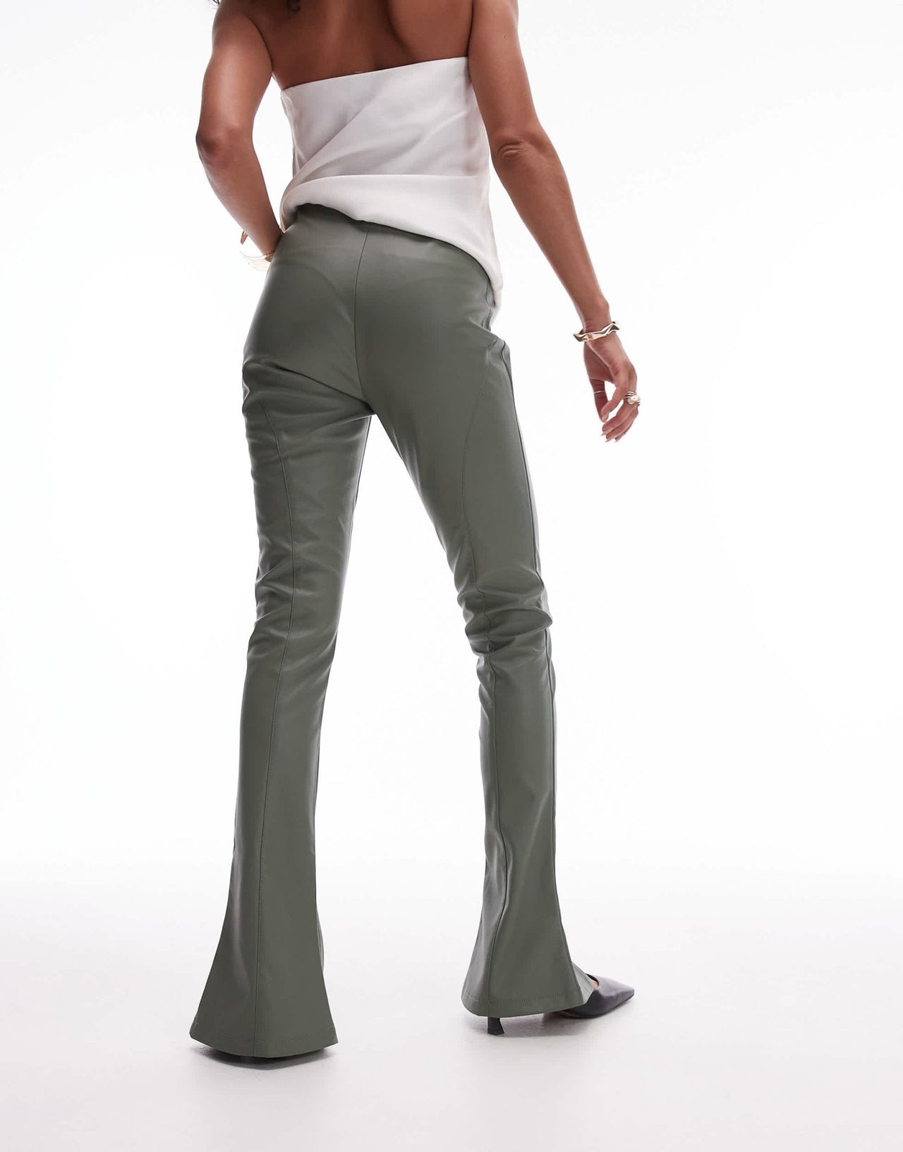 Topshop faux leather seamed flare trouser in khaki - ASOS Sample Sale