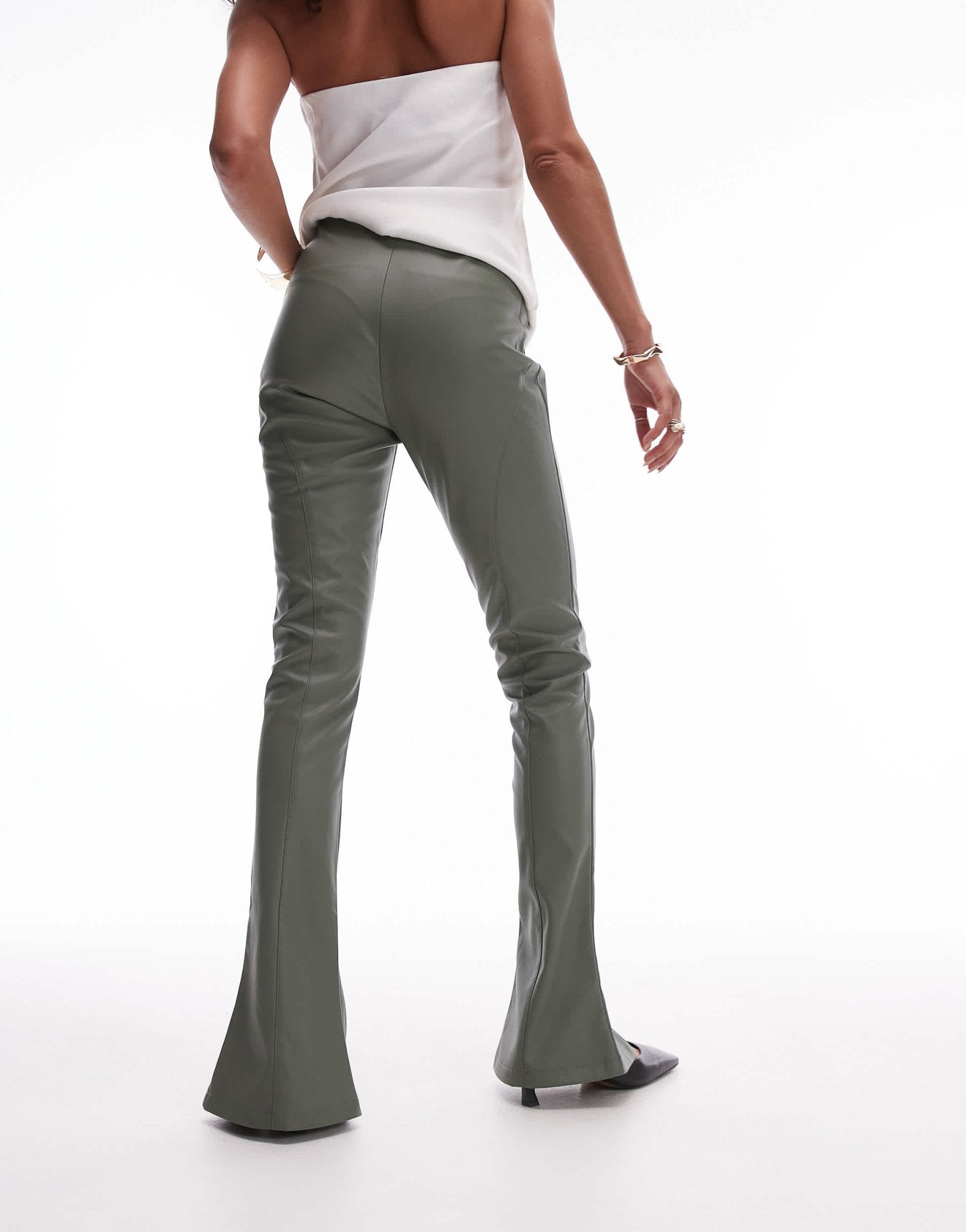 Topshop faux leather seamed flare trouser in khaki - ASOS Sample Sale