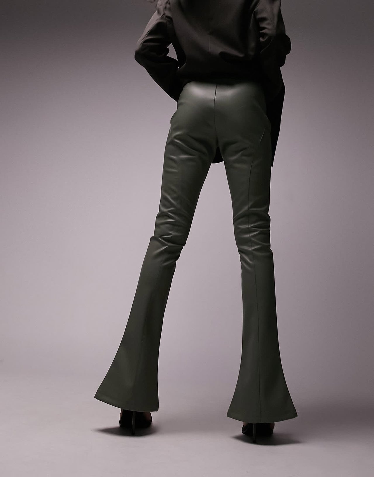 Topshop faux leather seamed flare trouser in khaki - ASOS Sample Sale