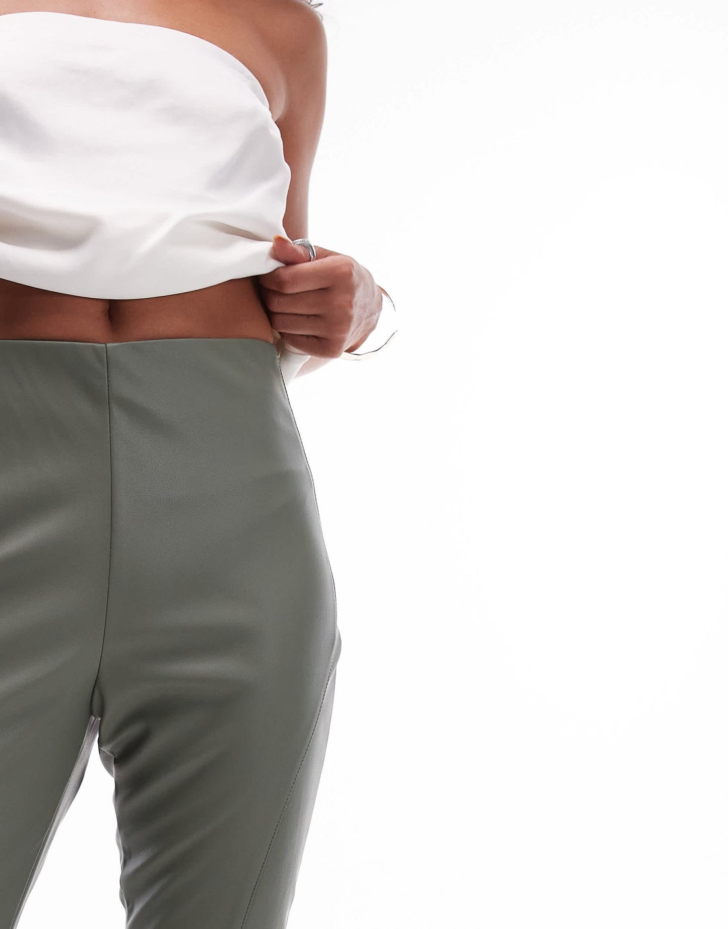 Topshop faux leather seamed flare trouser in khaki - ASOS Sample Sale