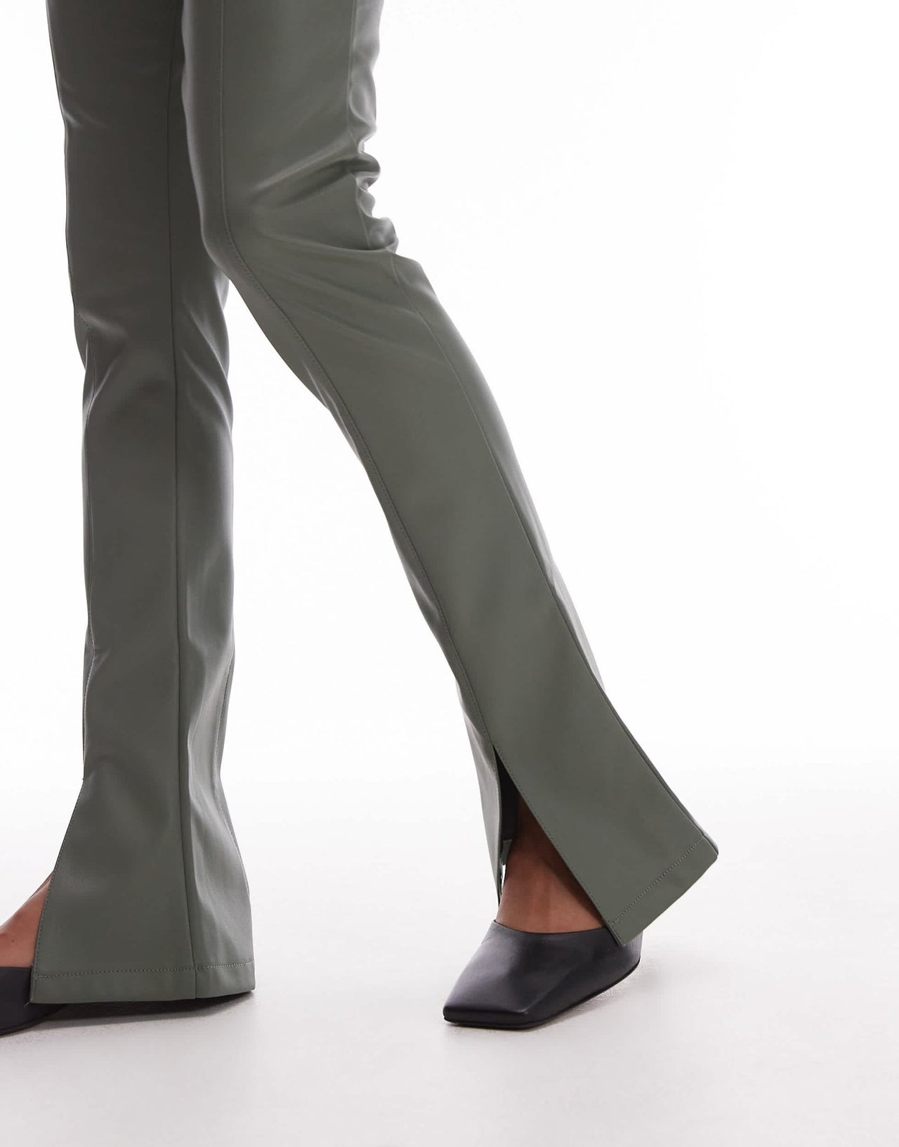 Topshop faux leather seamed flare trouser in khaki - ASOS Sample Sale