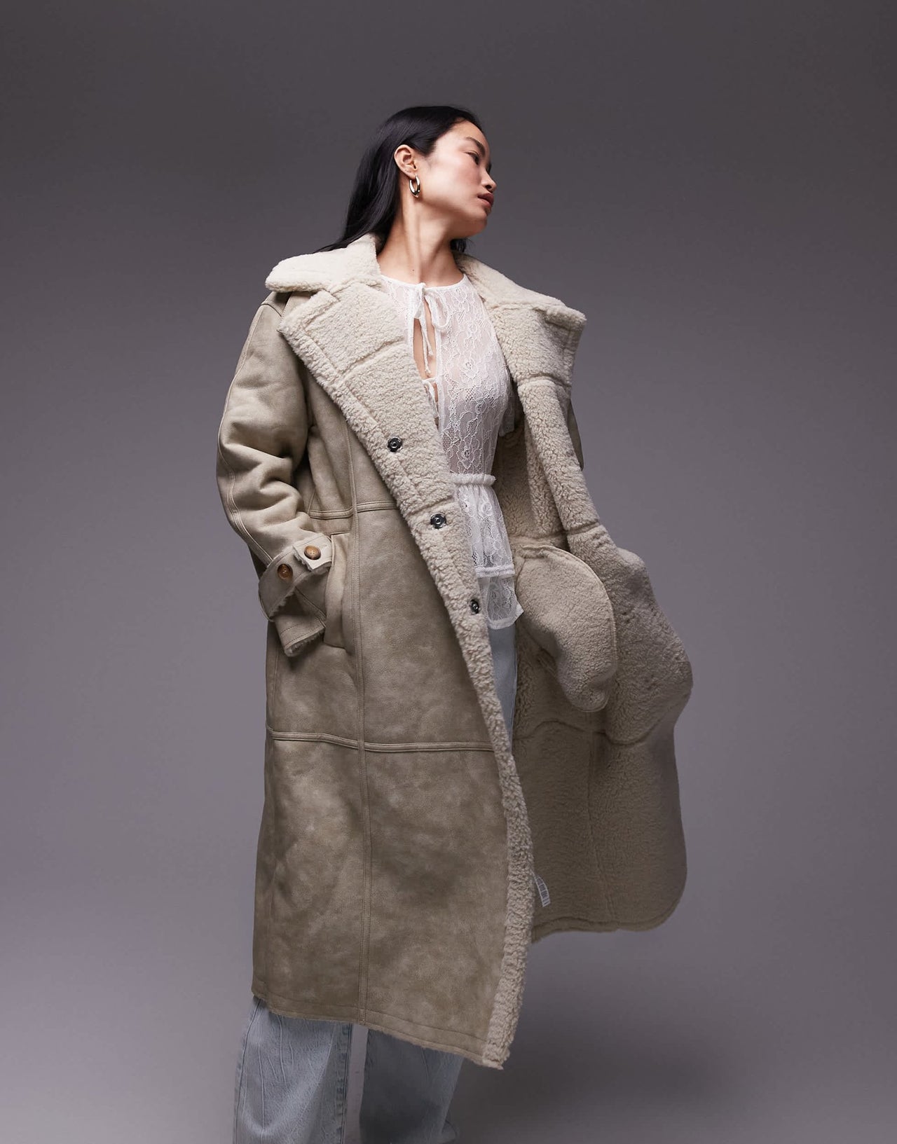 Topshop faux leather shearling longline aviator jacket in cream - ASOS Sample Sale