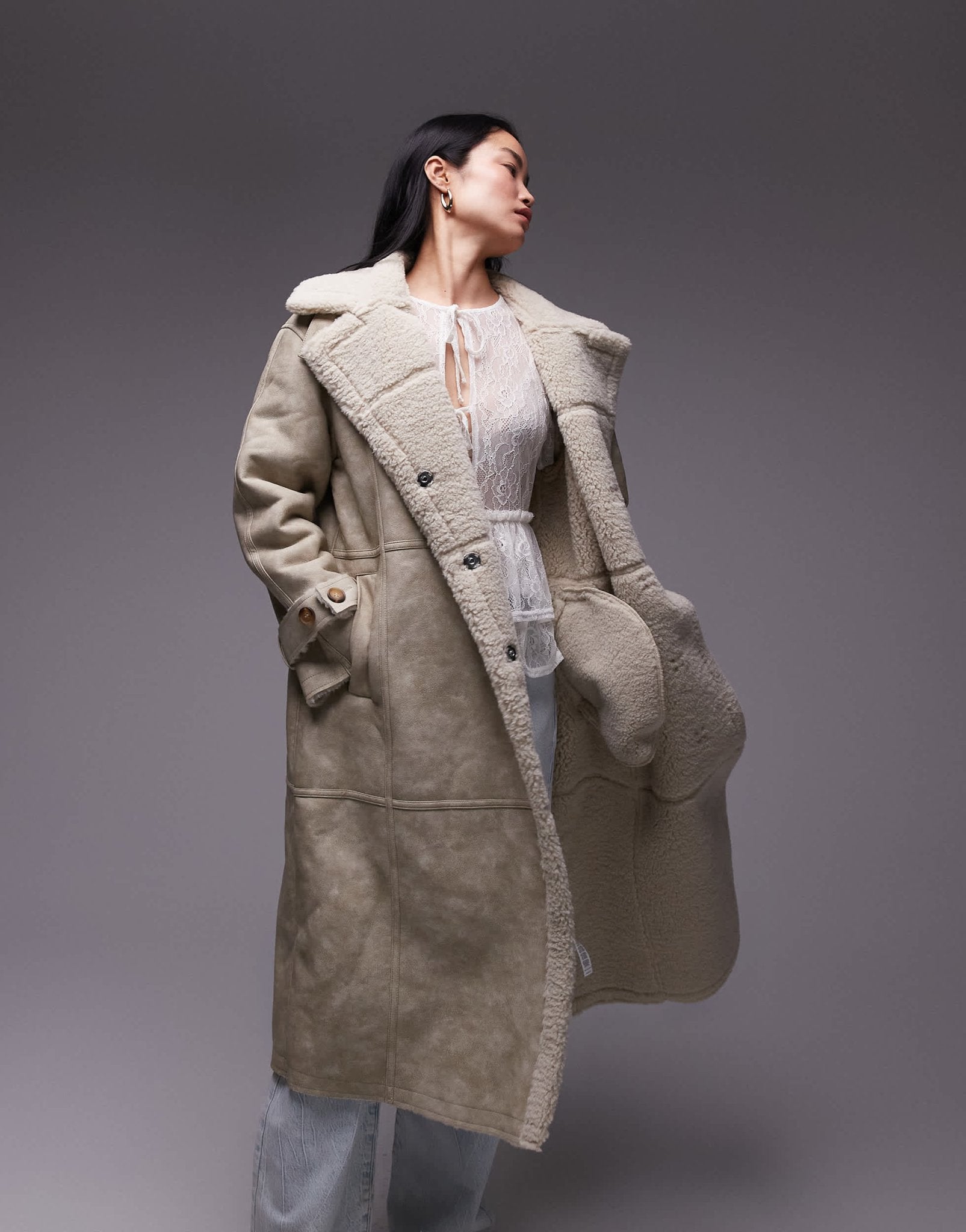 Topshop faux leather shearling longline aviator jacket in cream - ASOS Sample Sale