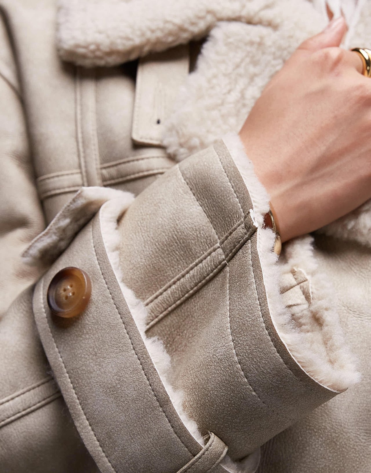 Topshop faux leather shearling longline aviator jacket in cream - ASOS Sample Sale