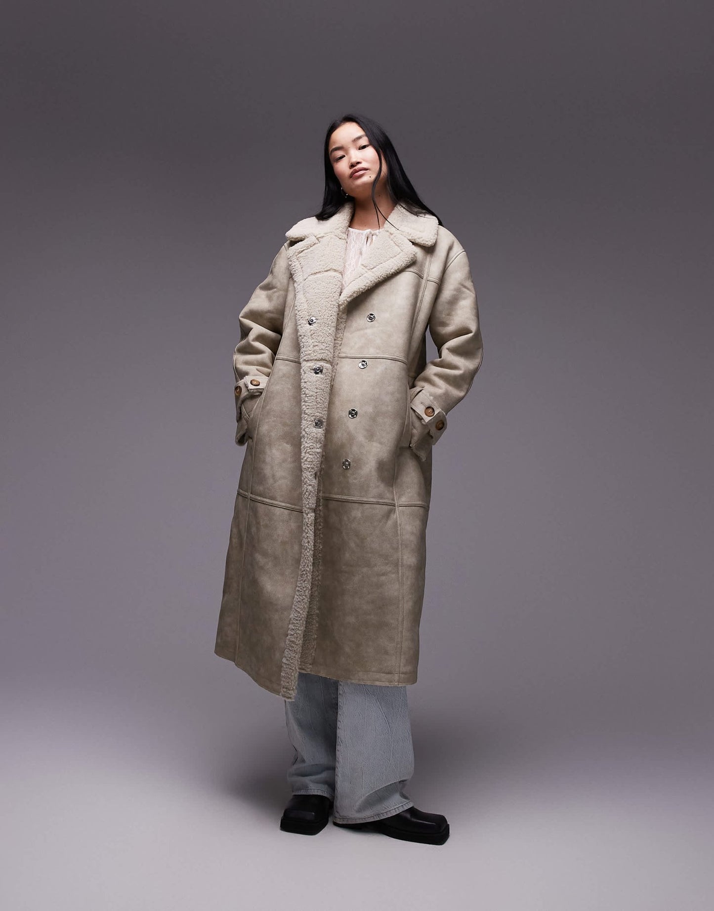 Topshop faux leather shearling longline aviator jacket in cream - ASOS Sample Sale