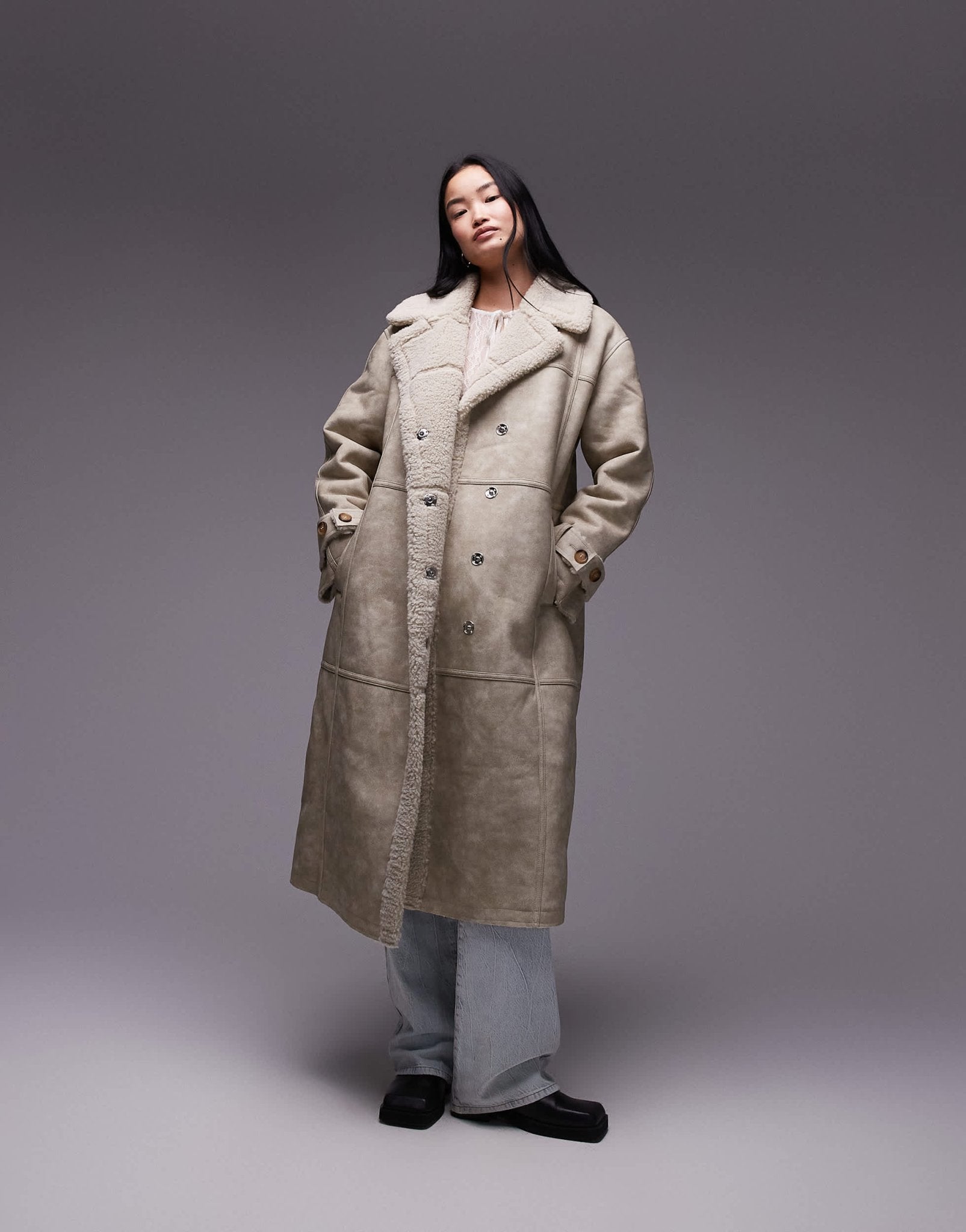Topshop faux leather shearling longline aviator jacket in cream - ASOS Sample Sale