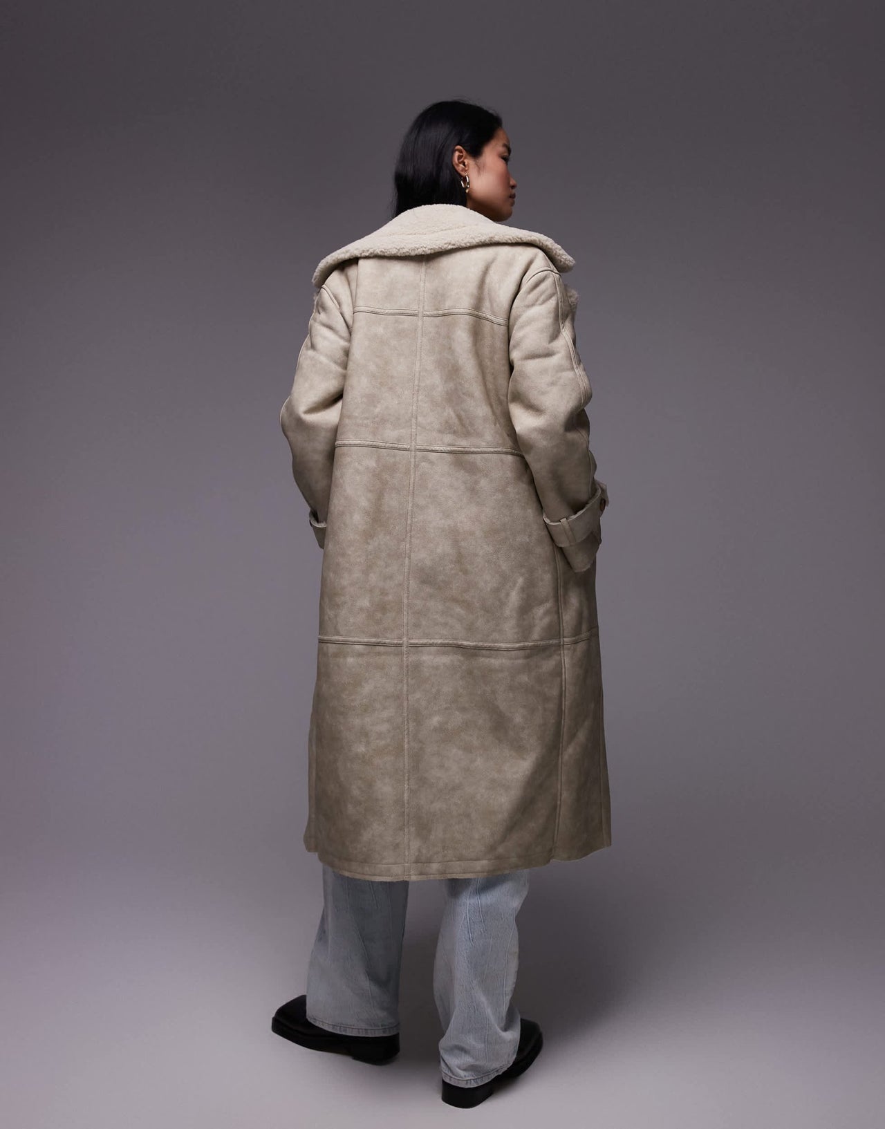Topshop faux leather shearling longline aviator jacket in cream - ASOS Sample Sale