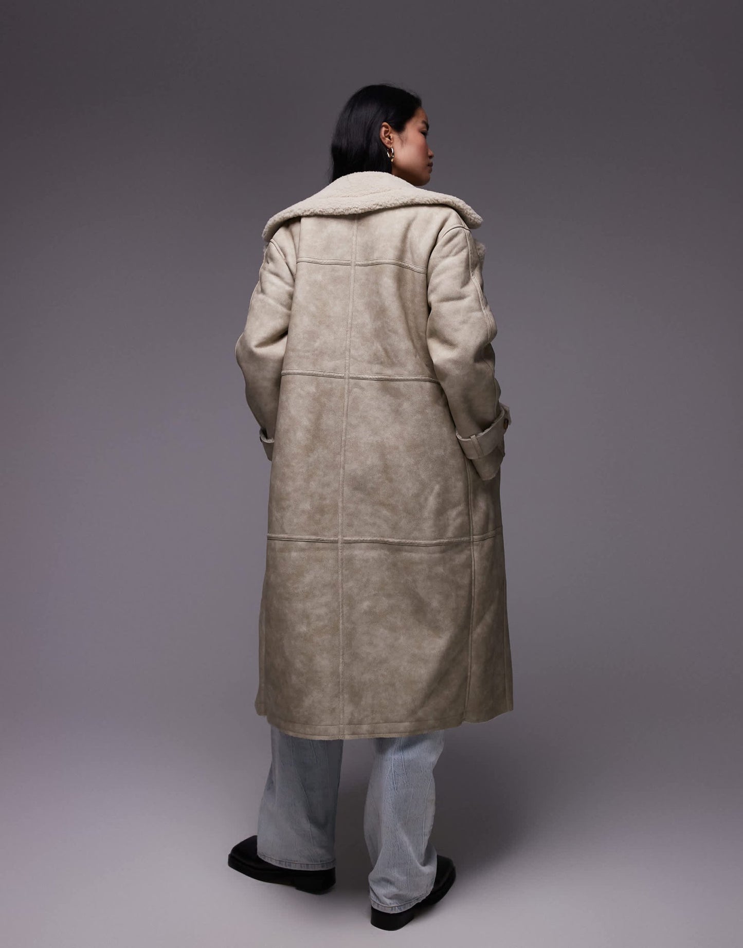 Topshop faux leather shearling longline aviator jacket in cream - ASOS Sample Sale