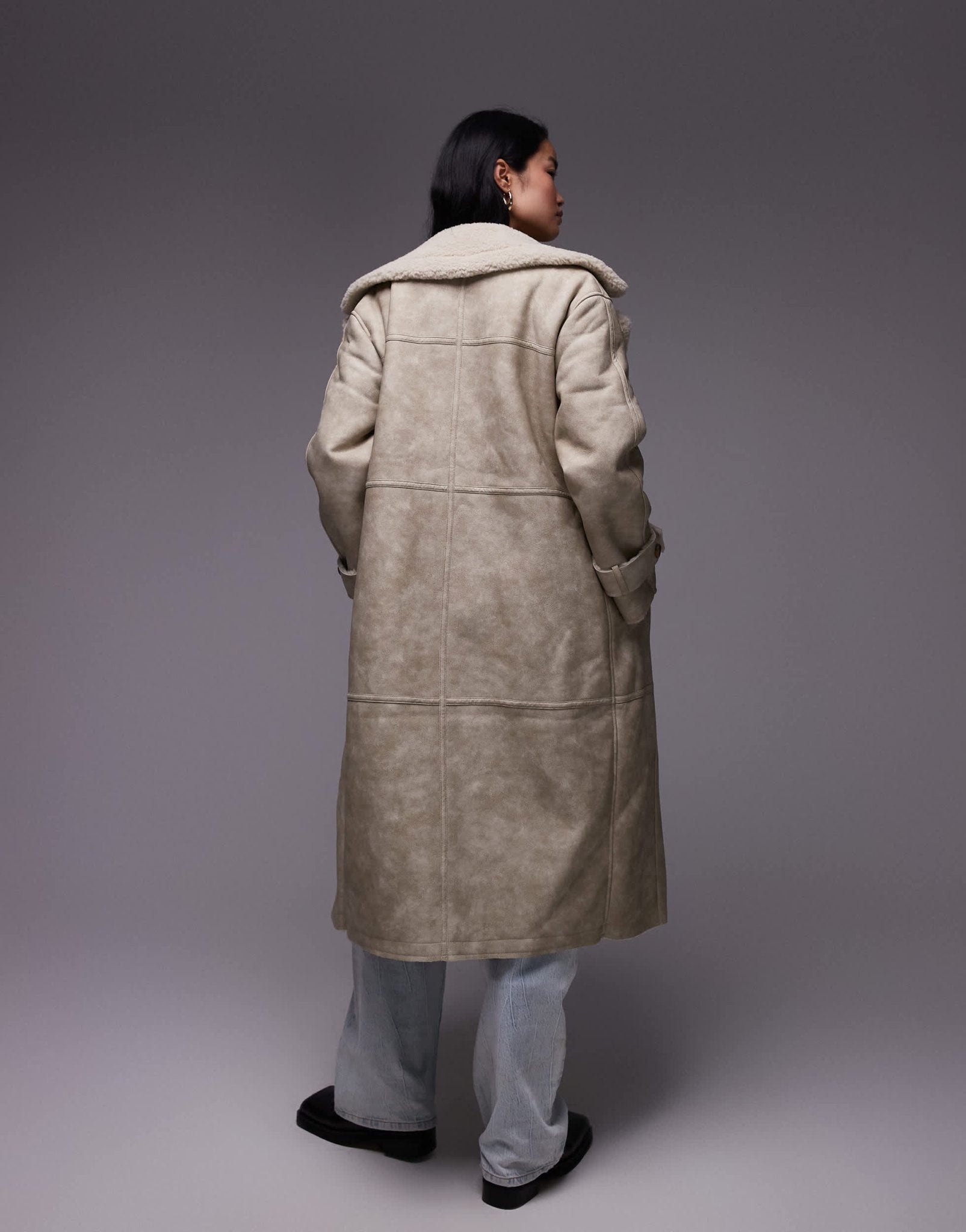 Topshop faux leather shearling longline aviator jacket in cream - ASOS Sample Sale