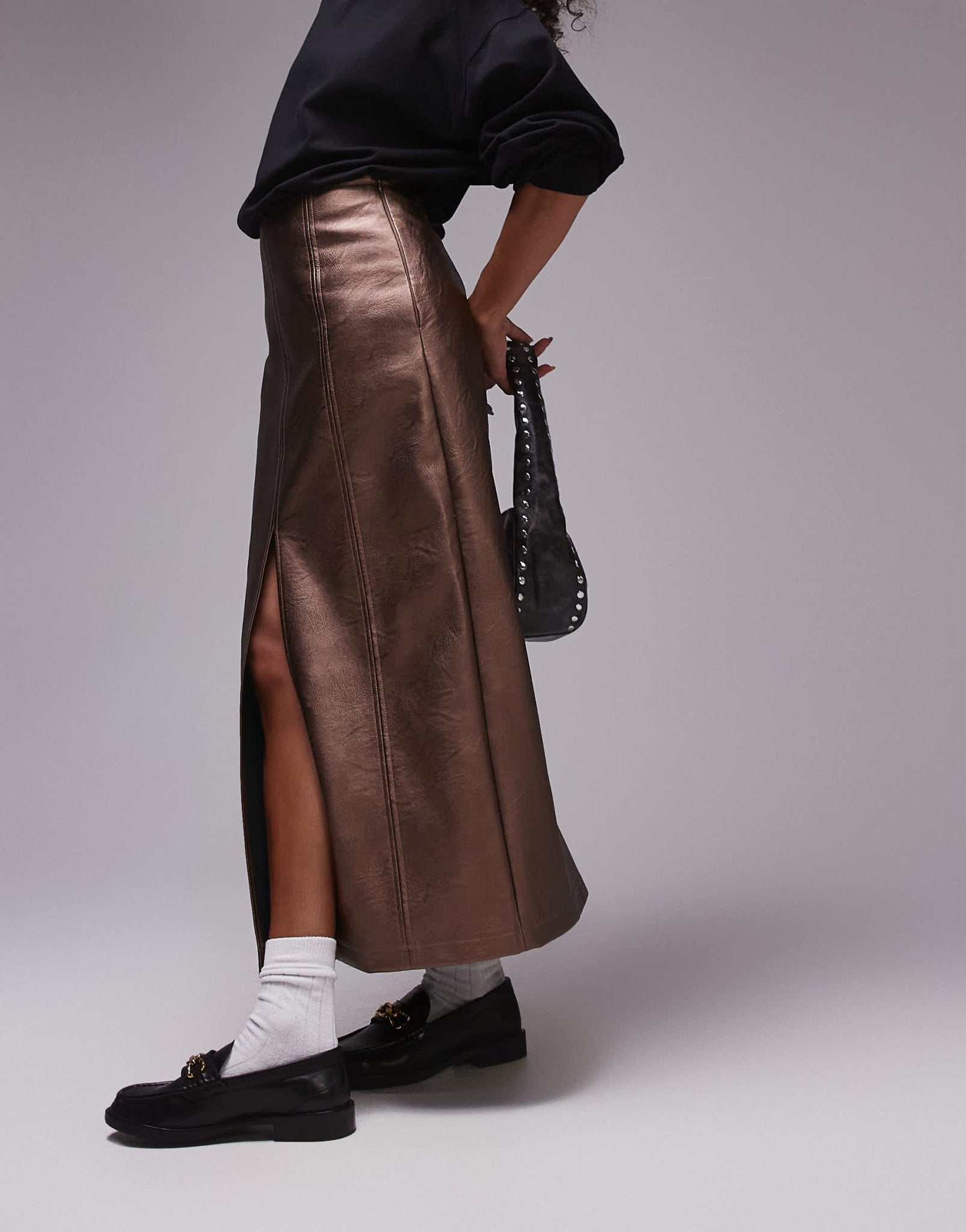Topshop Faux leather split midi skirt in metallic bronze - ASOS Sample Sale