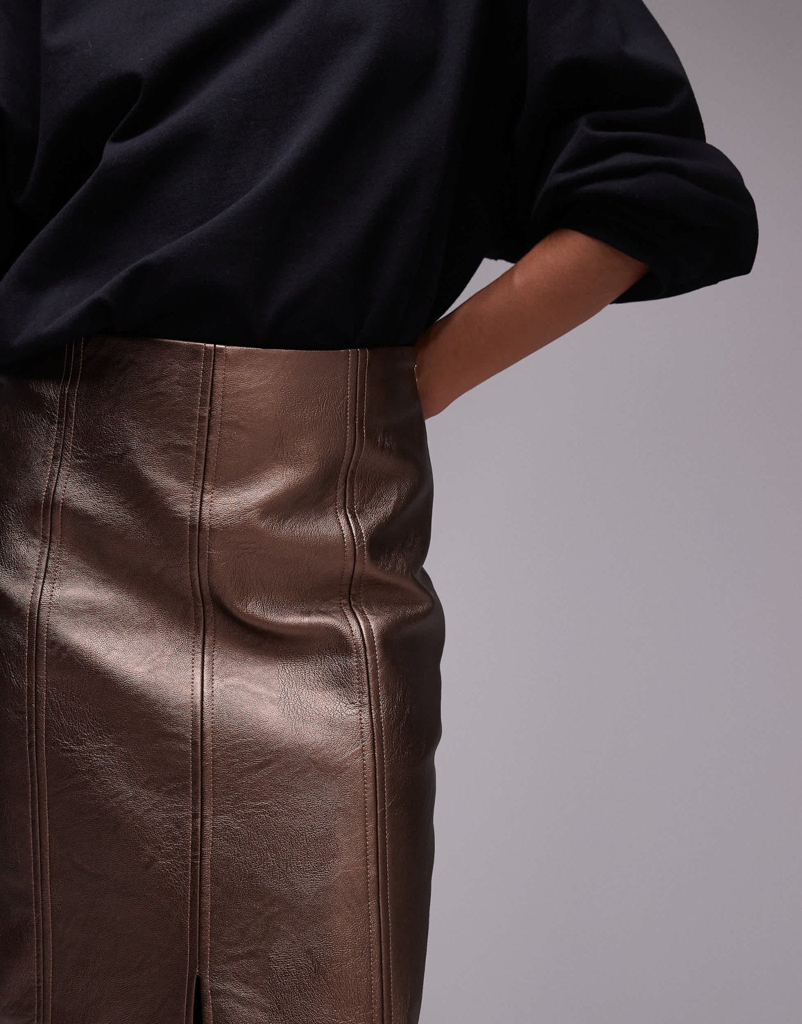 Topshop Faux leather split midi skirt in metallic bronze - ASOS Sample Sale