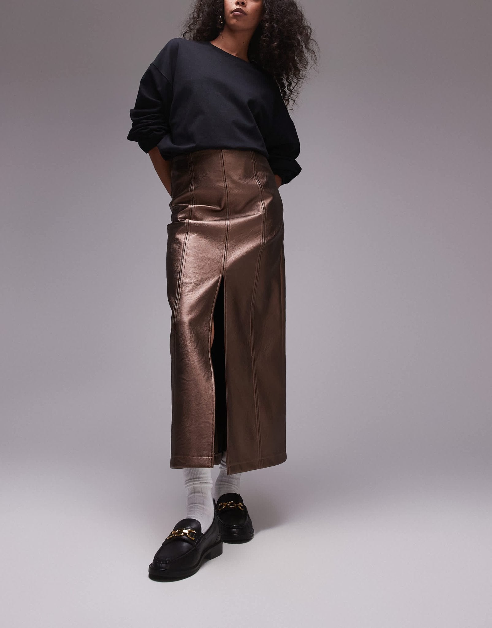 Topshop Faux leather split midi skirt in metallic bronze - ASOS Sample Sale