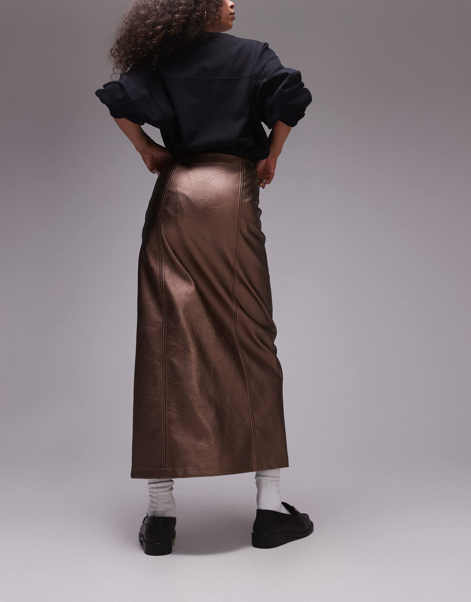 Topshop Faux leather split midi skirt in metallic bronze - ASOS Sample Sale