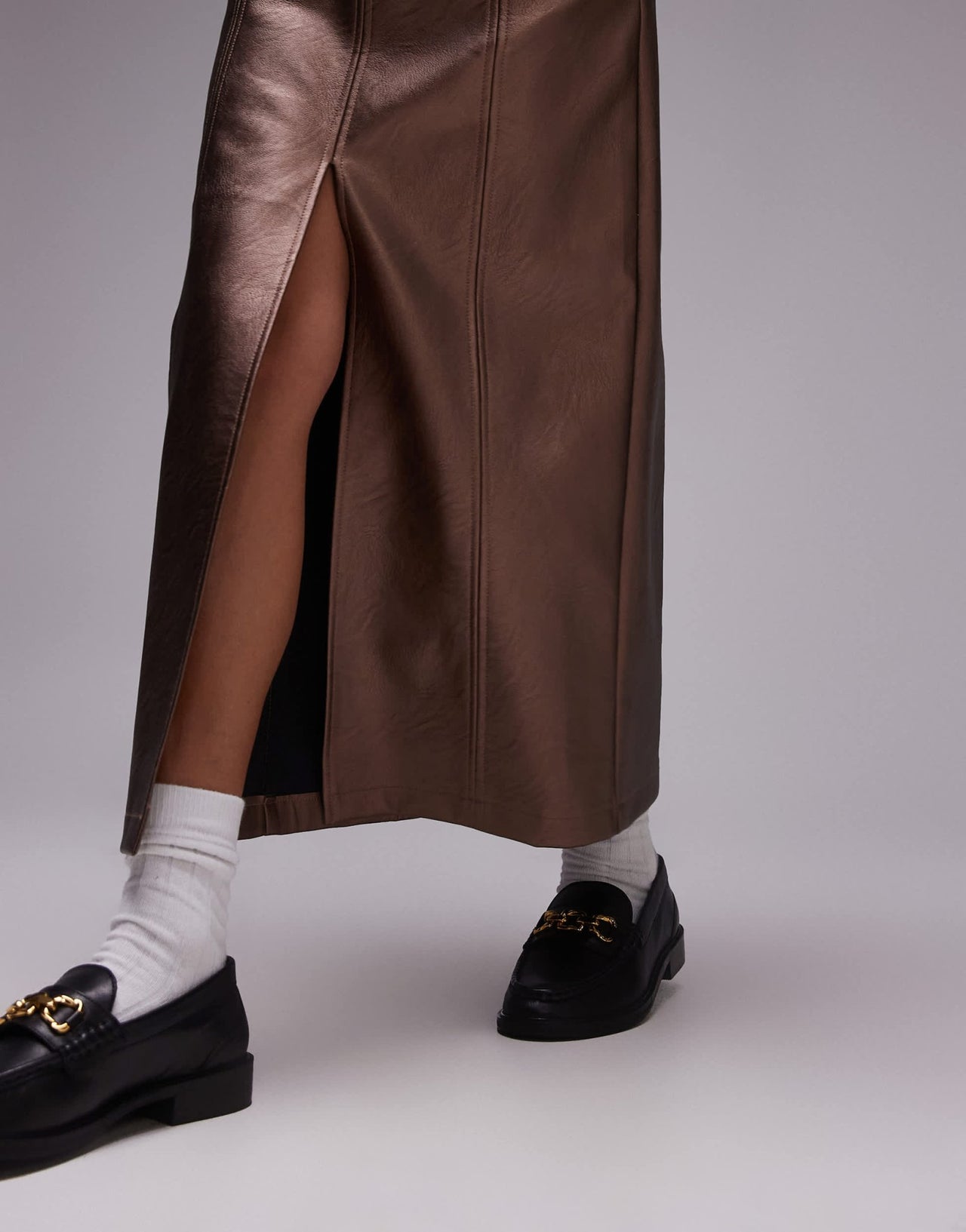 Topshop Faux leather split midi skirt in metallic bronze - ASOS Sample Sale