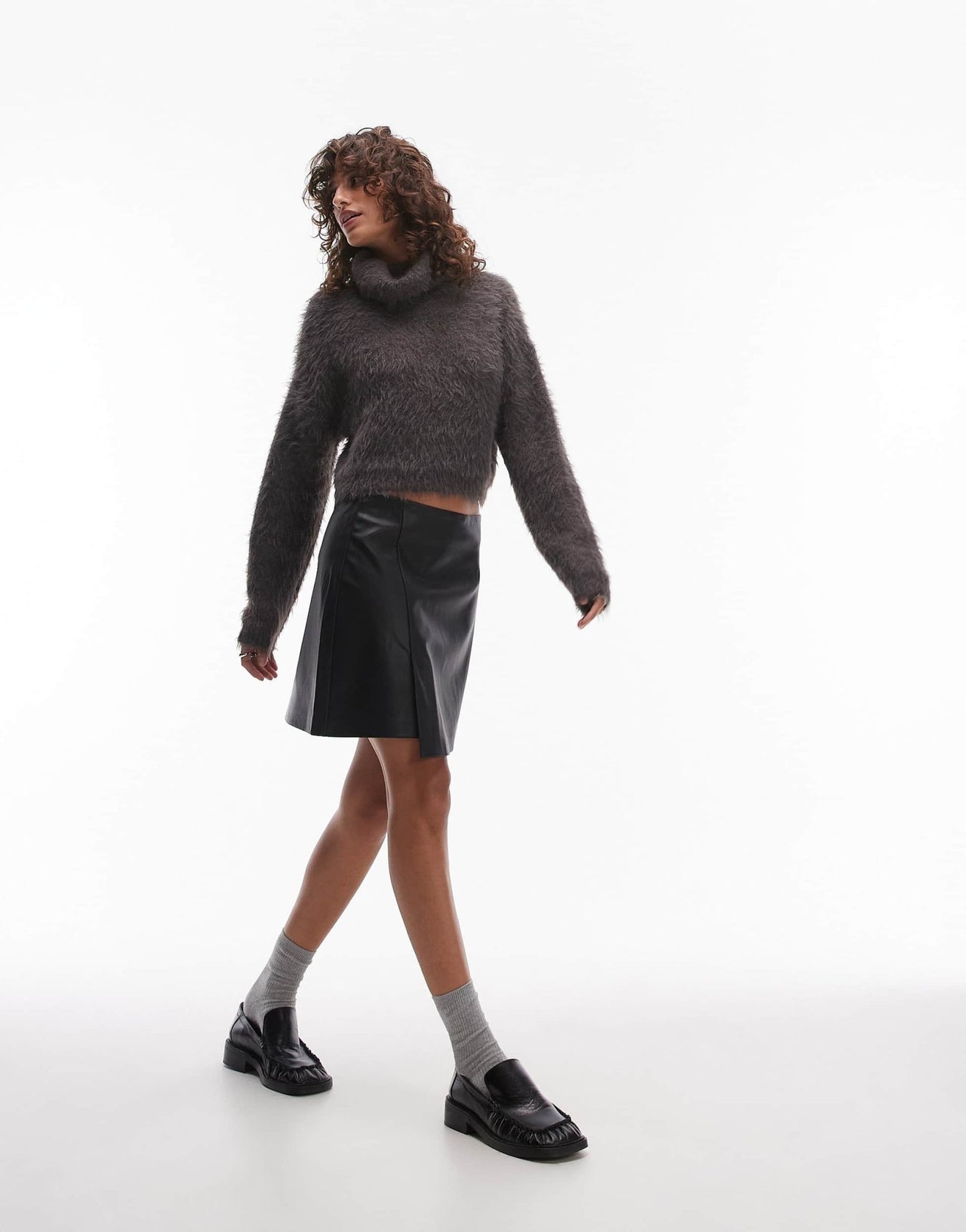 Topshop faux leather step hem mini skirt in black - ASOS Sample Sale