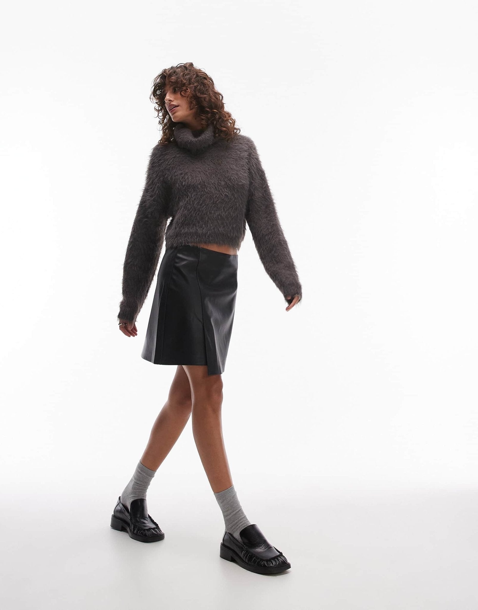 Topshop faux leather step hem mini skirt in black - ASOS Sample Sale