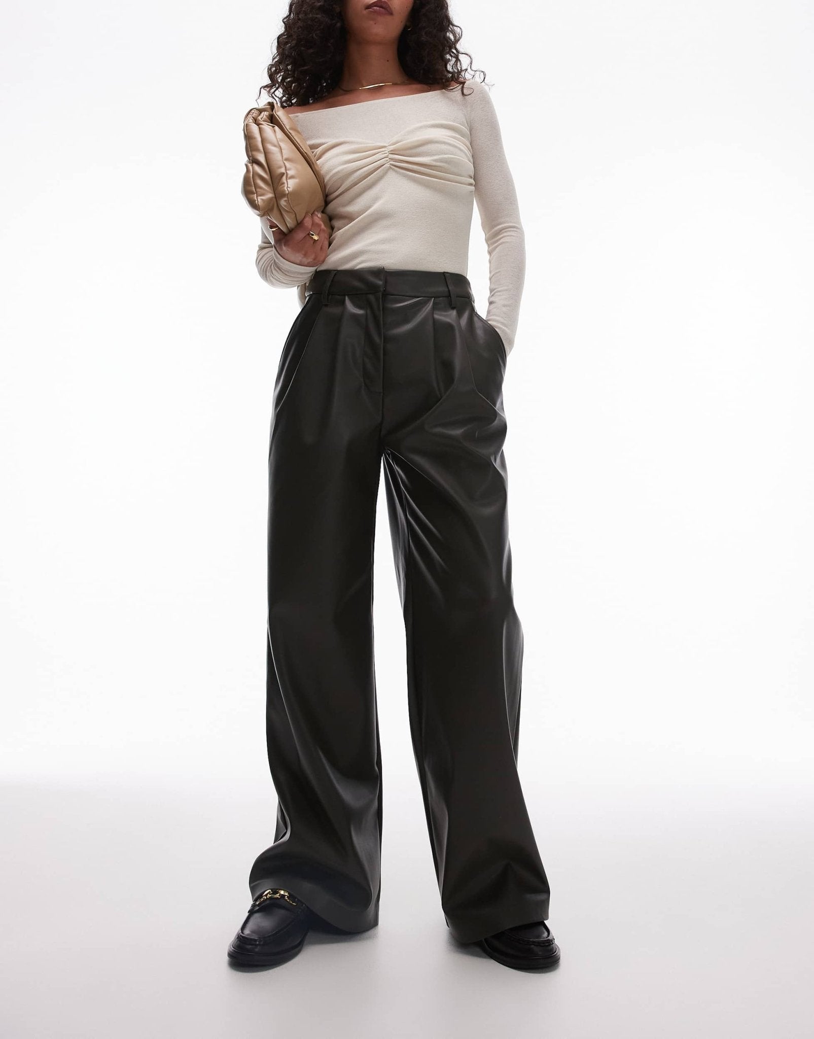 Topshop faux leather wide leg tailored trouser in khaki - ASOS Sample Sale