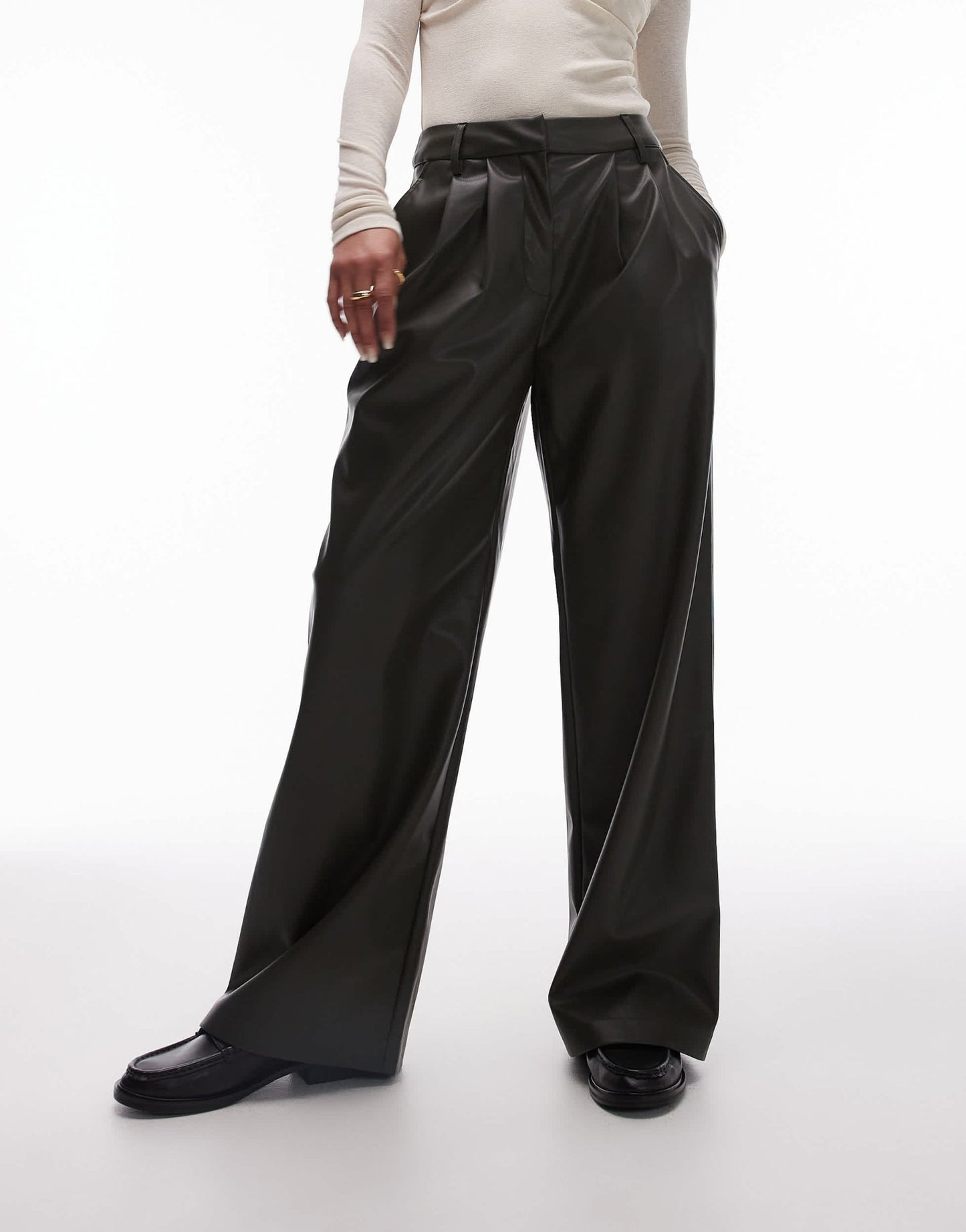 Topshop faux leather wide leg tailored trouser in khaki - ASOS Sample Sale