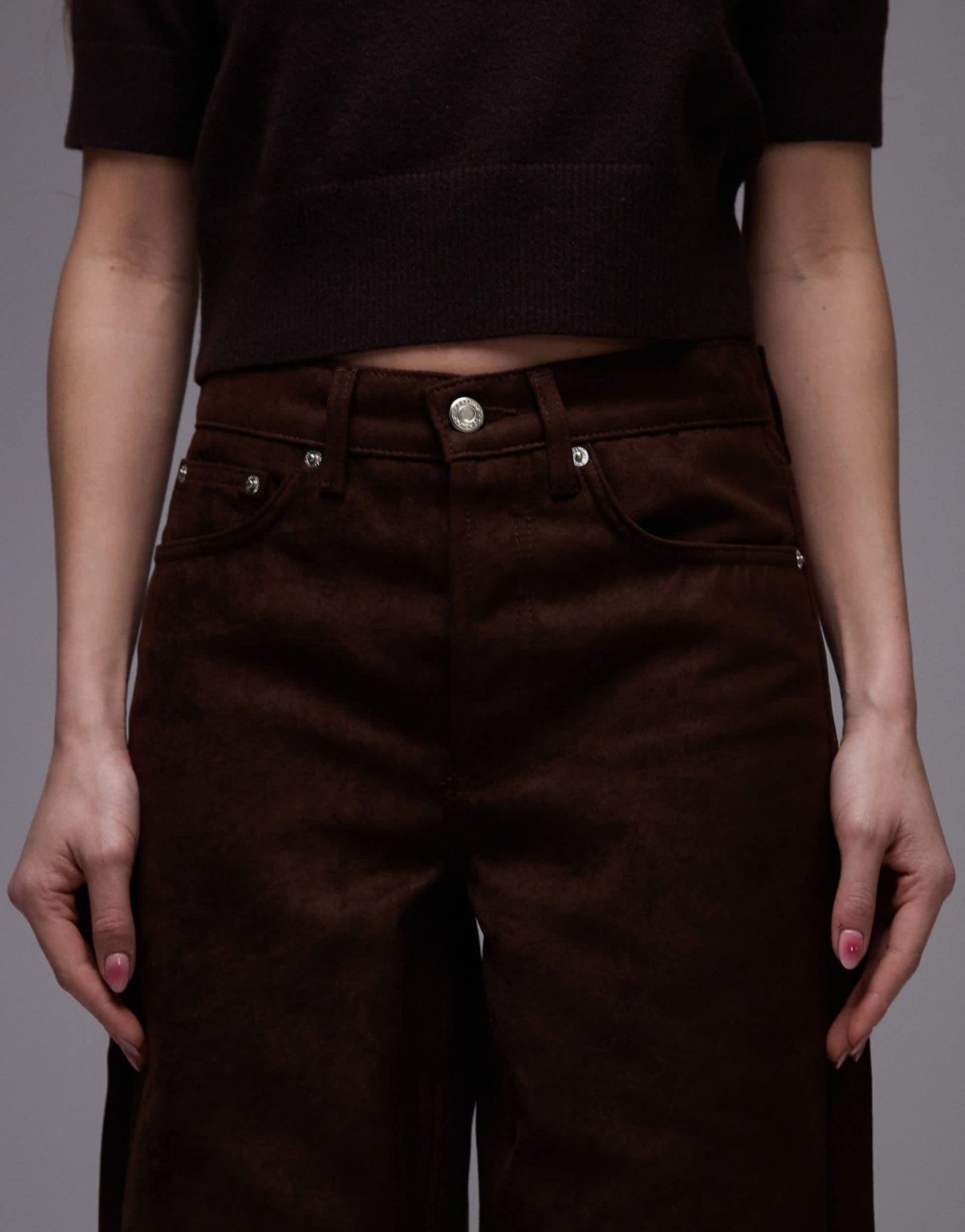 Topshop faux suede column jean in brown - ASOS Sample Sale