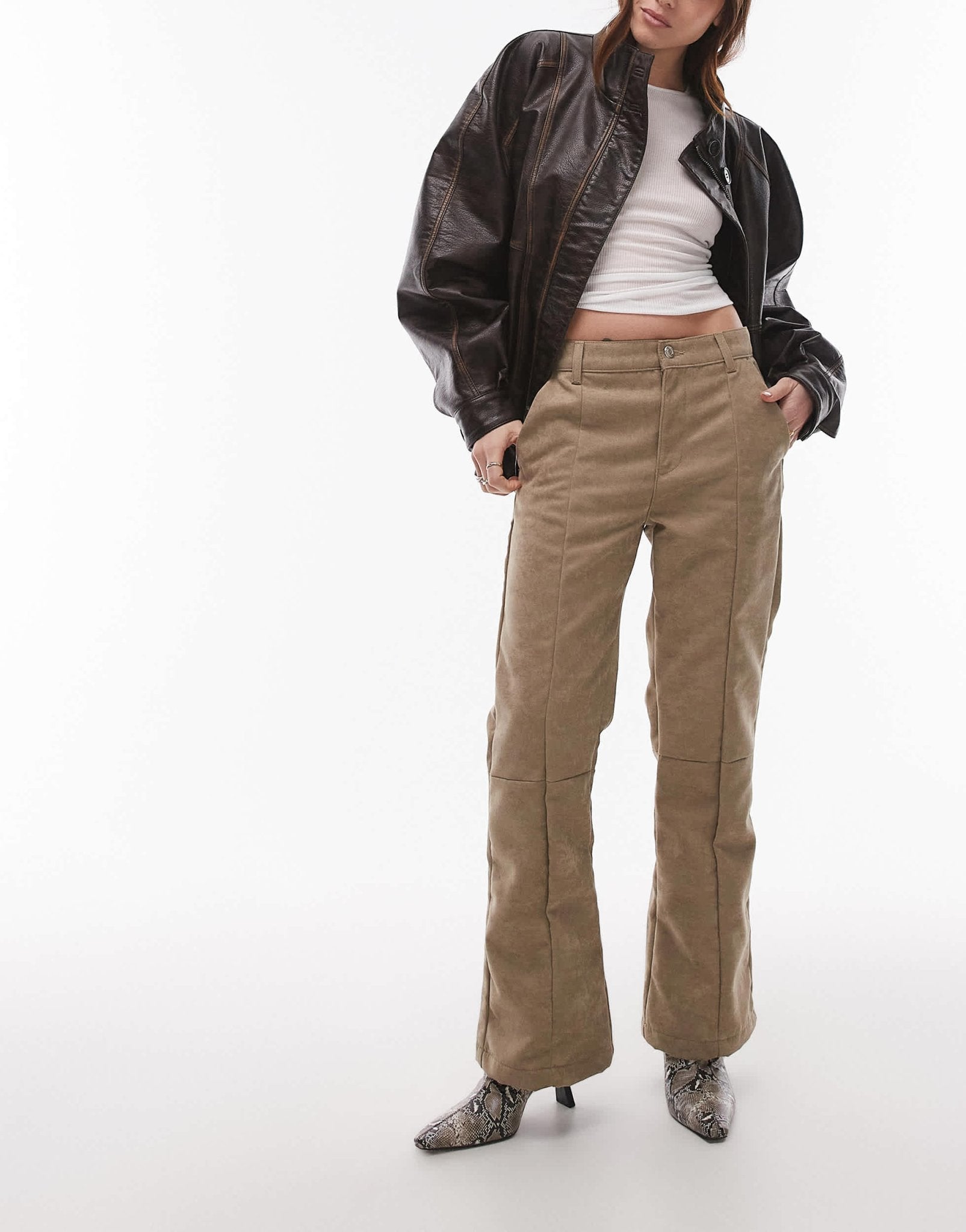 Topshop faux suede cropped kick flare trouser in light beige - ASOS Sample Sale