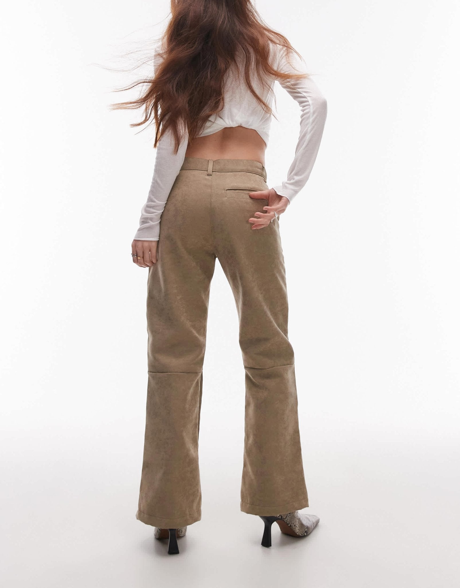 Topshop faux suede cropped kick flare trouser in light beige - ASOS Sample Sale