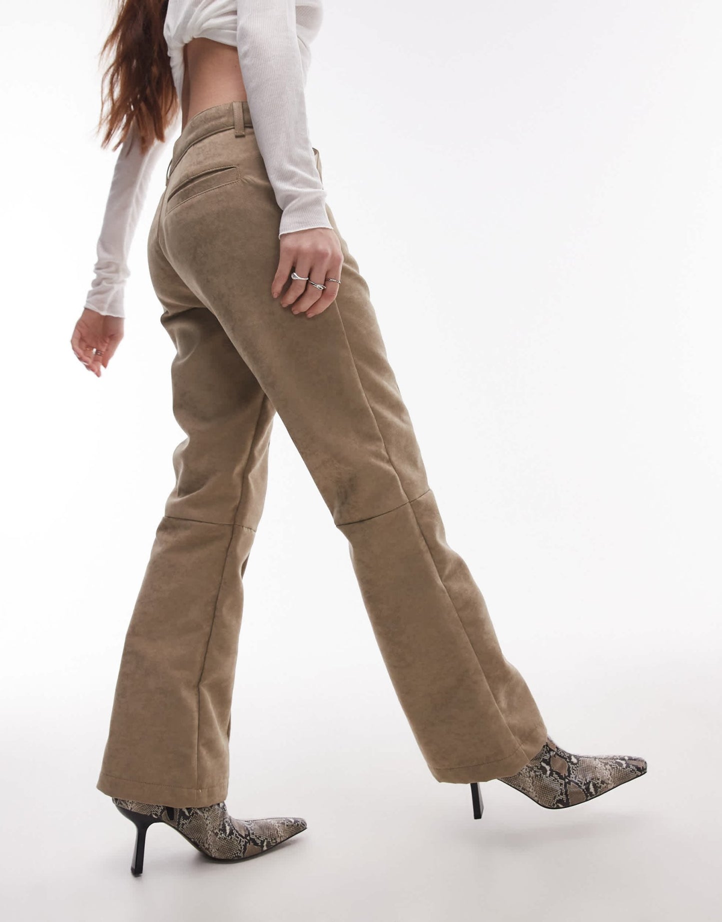 Topshop faux suede cropped kick flare trouser in light beige - ASOS Sample Sale