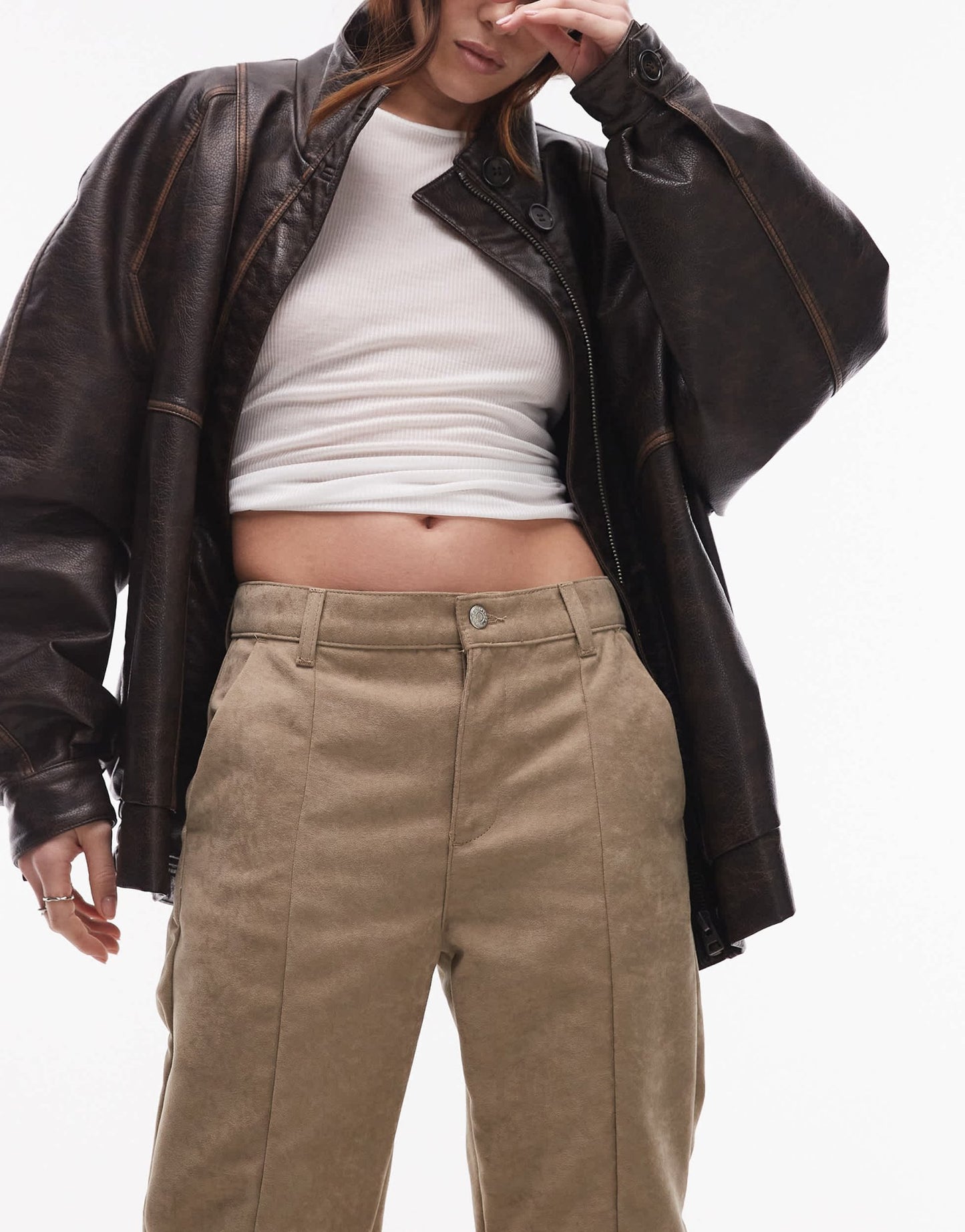 Topshop faux suede cropped kick flare trouser in light beige - ASOS Sample Sale