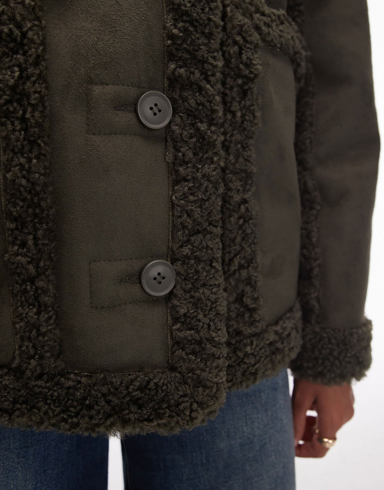 Topshop faux suede hooded jacket in khaki - ASOS Sample Sale