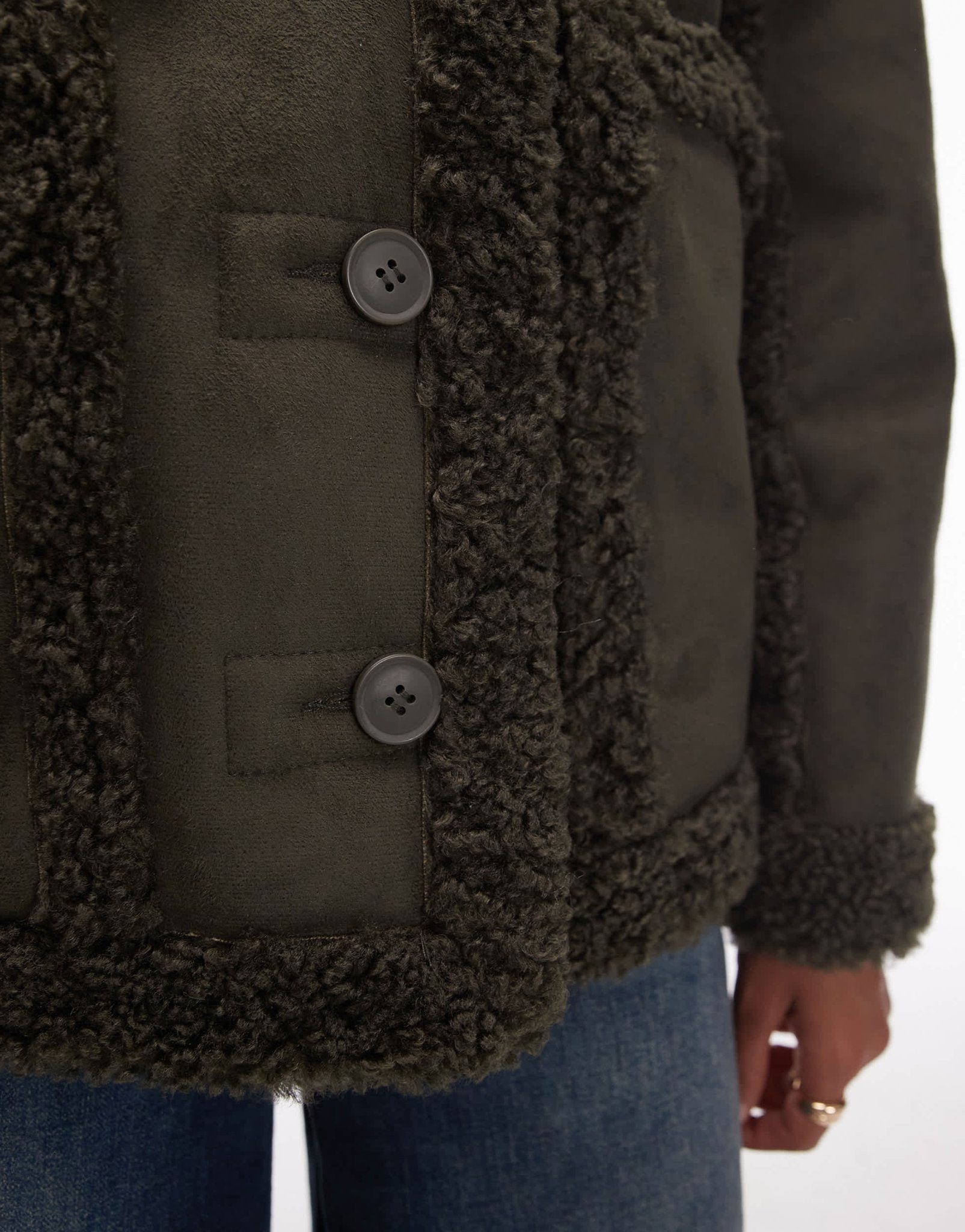 Topshop faux suede hooded jacket in khaki - ASOS Sample Sale