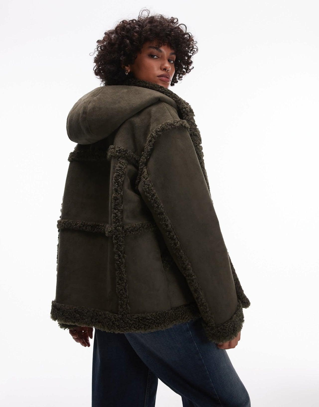Topshop faux suede hooded jacket in khaki - ASOS Sample Sale