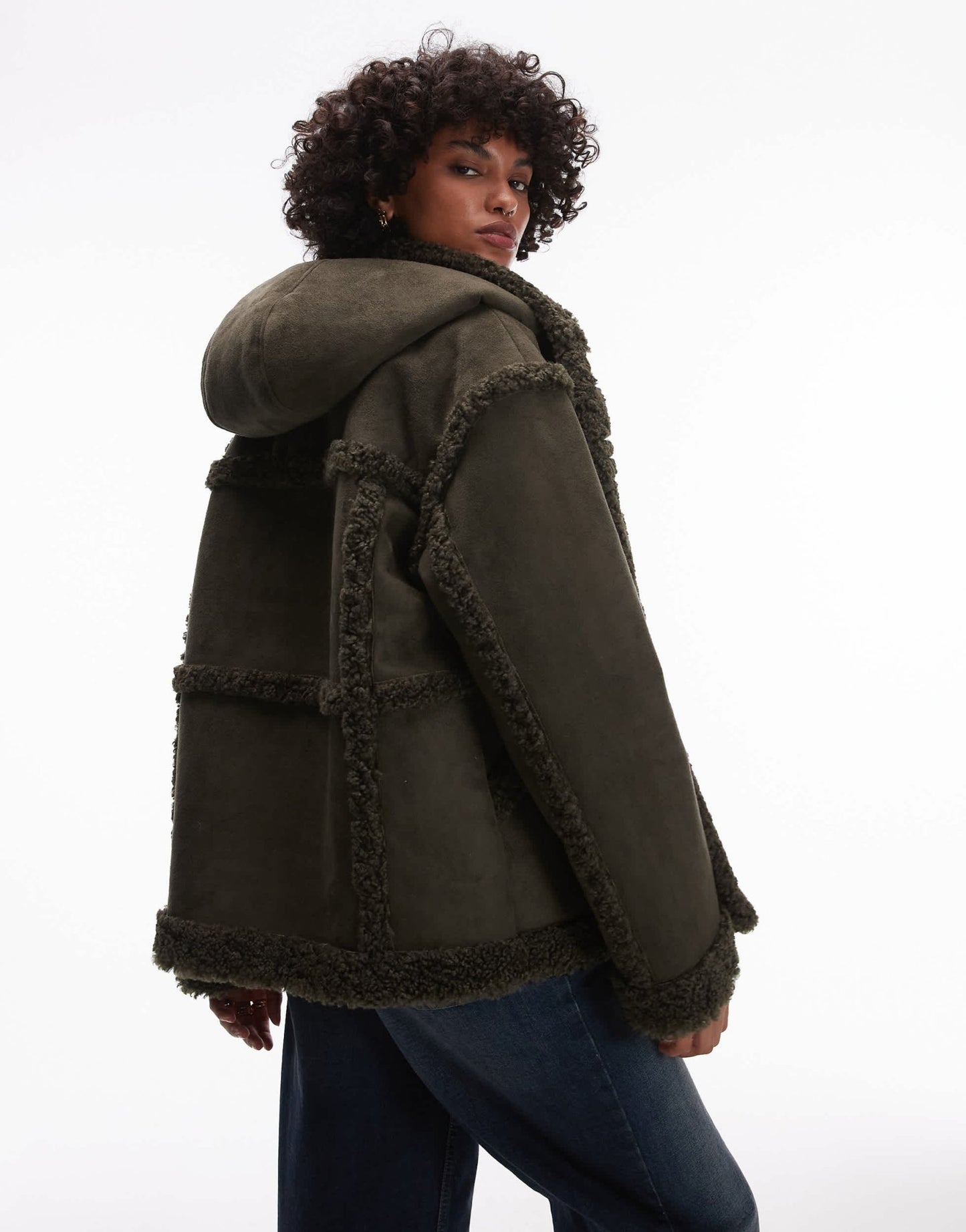 Topshop faux suede hooded jacket in khaki - ASOS Sample Sale