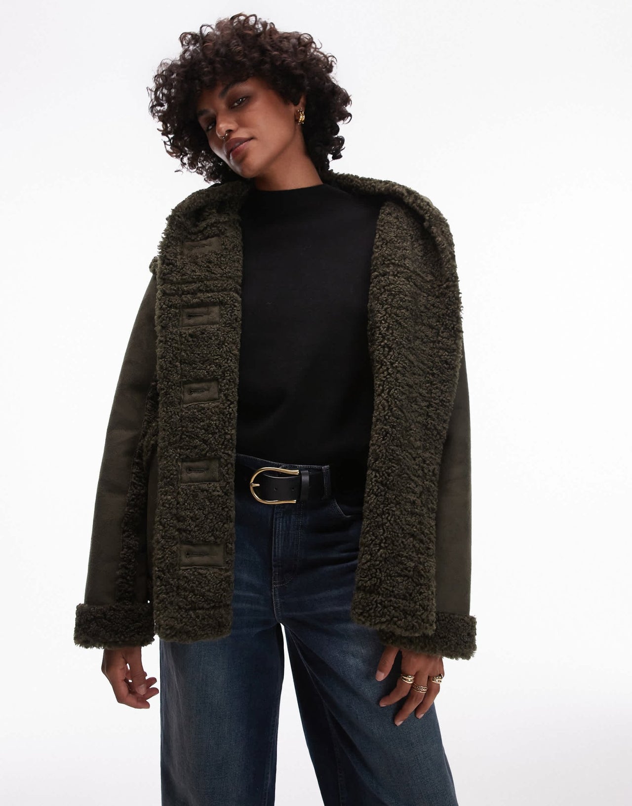 Topshop faux suede hooded jacket in khaki - ASOS Sample Sale