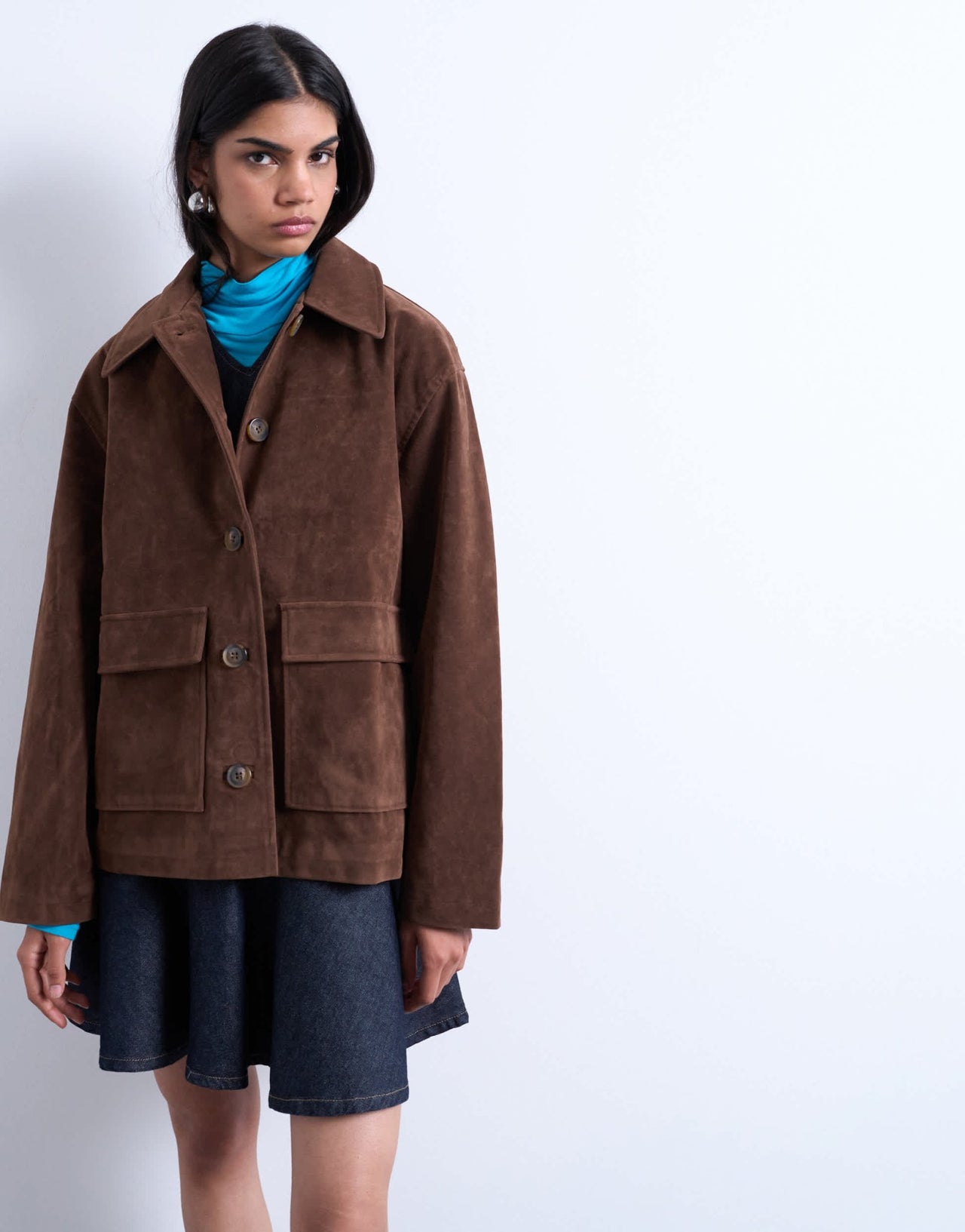 Topshop faux suede patch pocket boxy jacket in brown - ASOS Sample Sale
