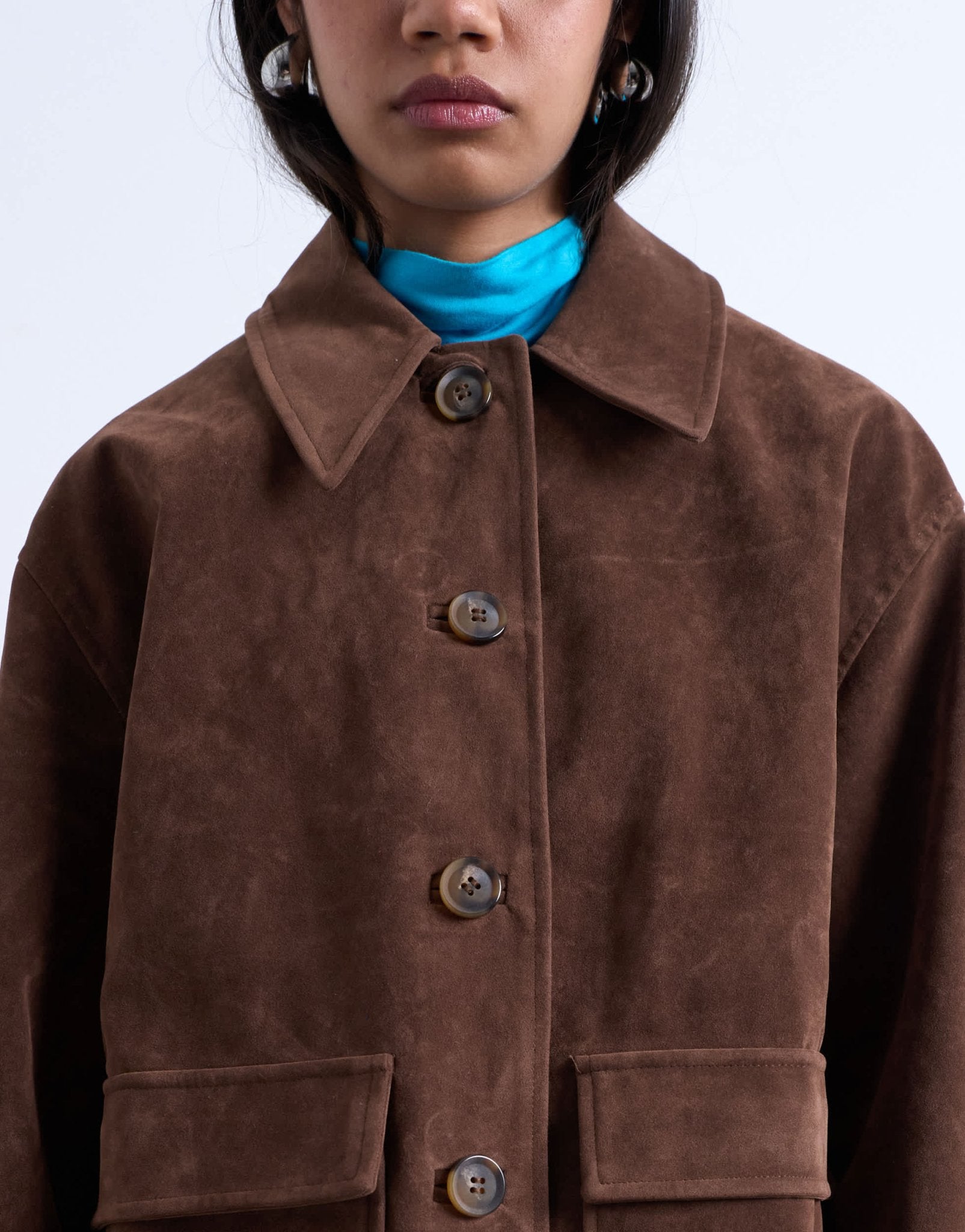 Topshop faux suede patch pocket boxy jacket in brown - ASOS Sample Sale