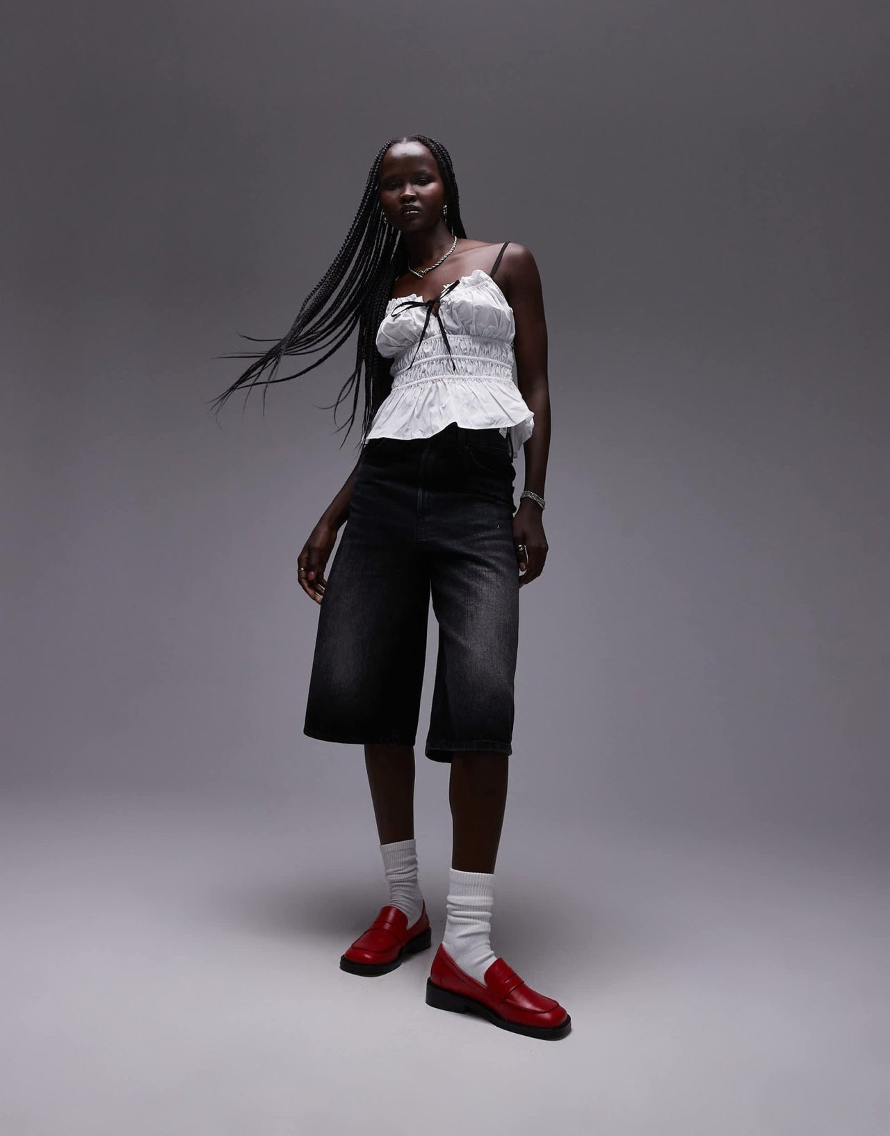 Topshop femme shirred contrast tie cami in ivory and black - ASOS Sample Sale
