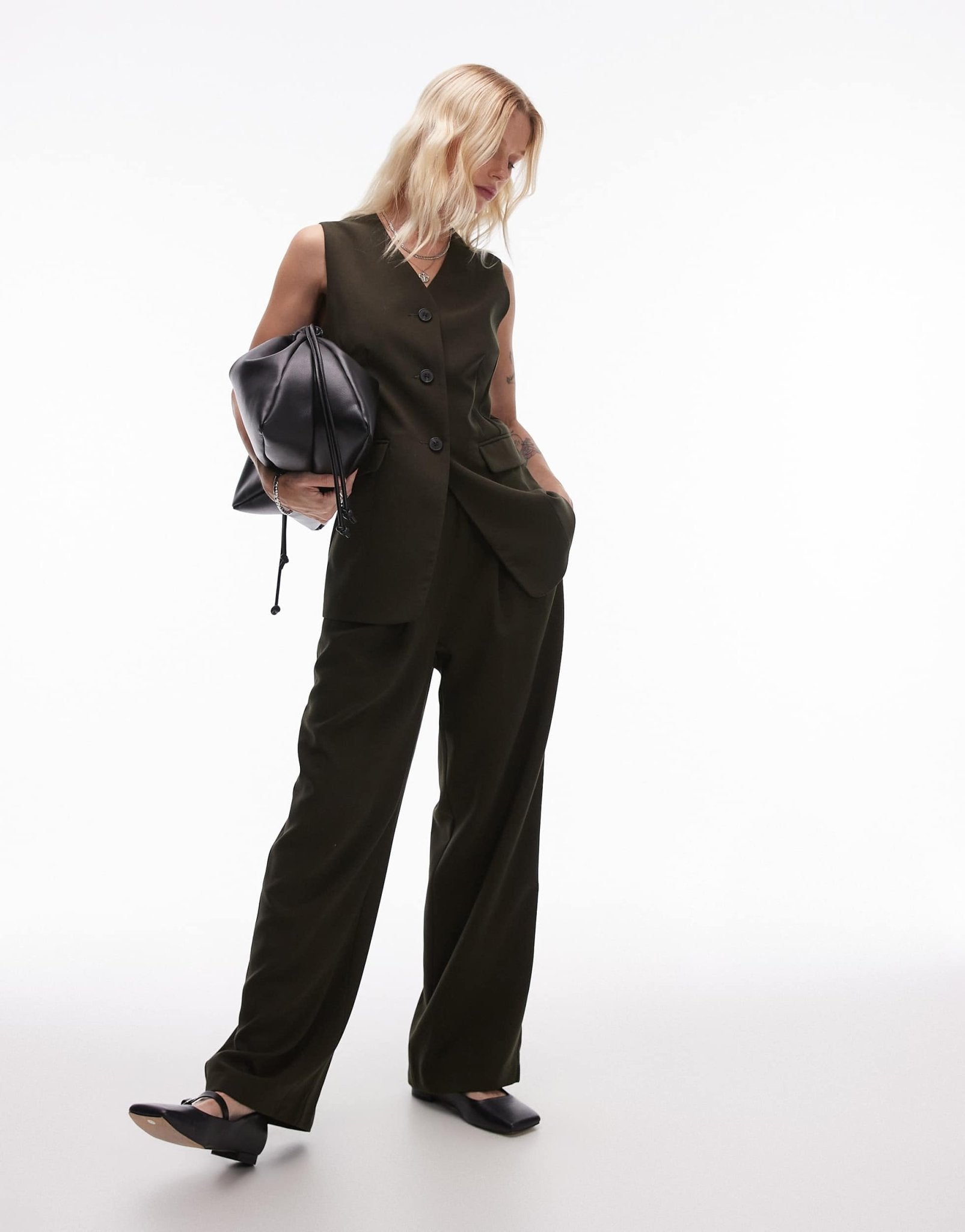 Topshop fitted longline waistcoat in dark green - ASOS Sample Sale