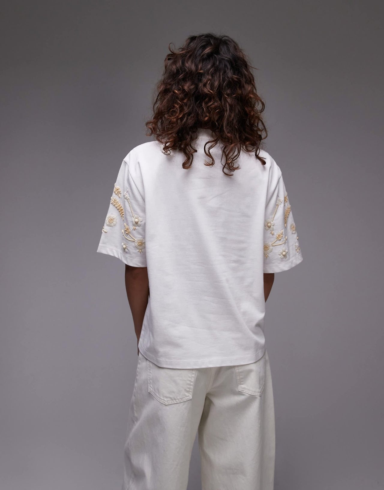 Topshop floral beaded oversized tee in white - ASOS Sample Sale