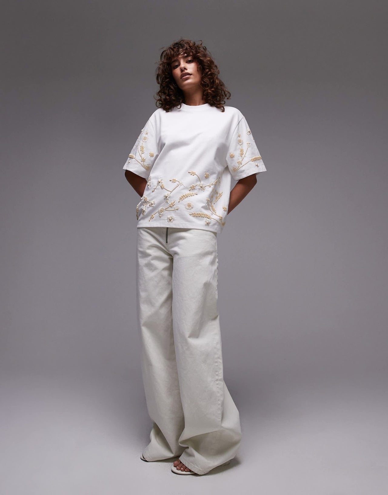Topshop floral beaded oversized tee in white - ASOS Sample Sale