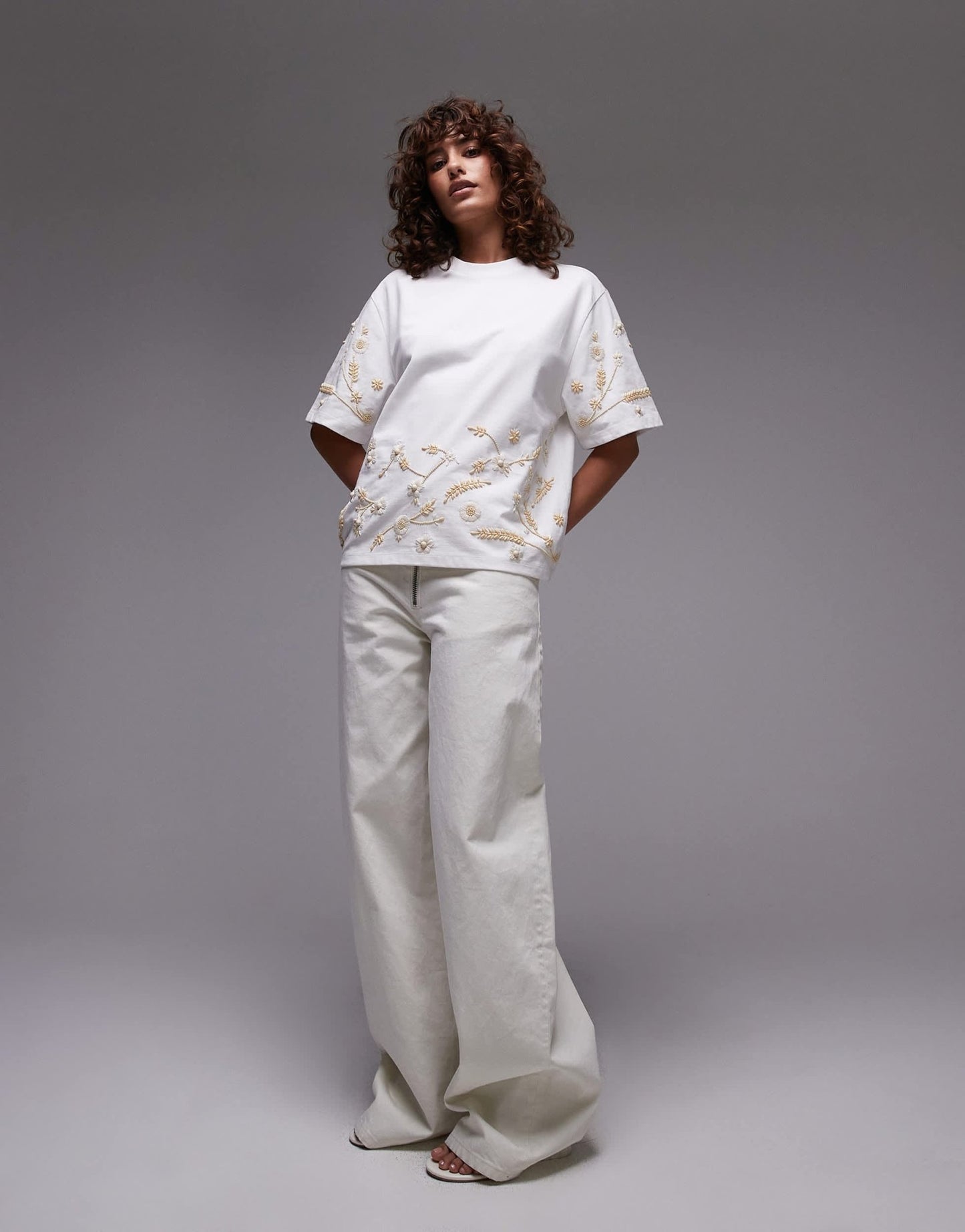 Topshop floral beaded oversized tee in white - ASOS Sample Sale