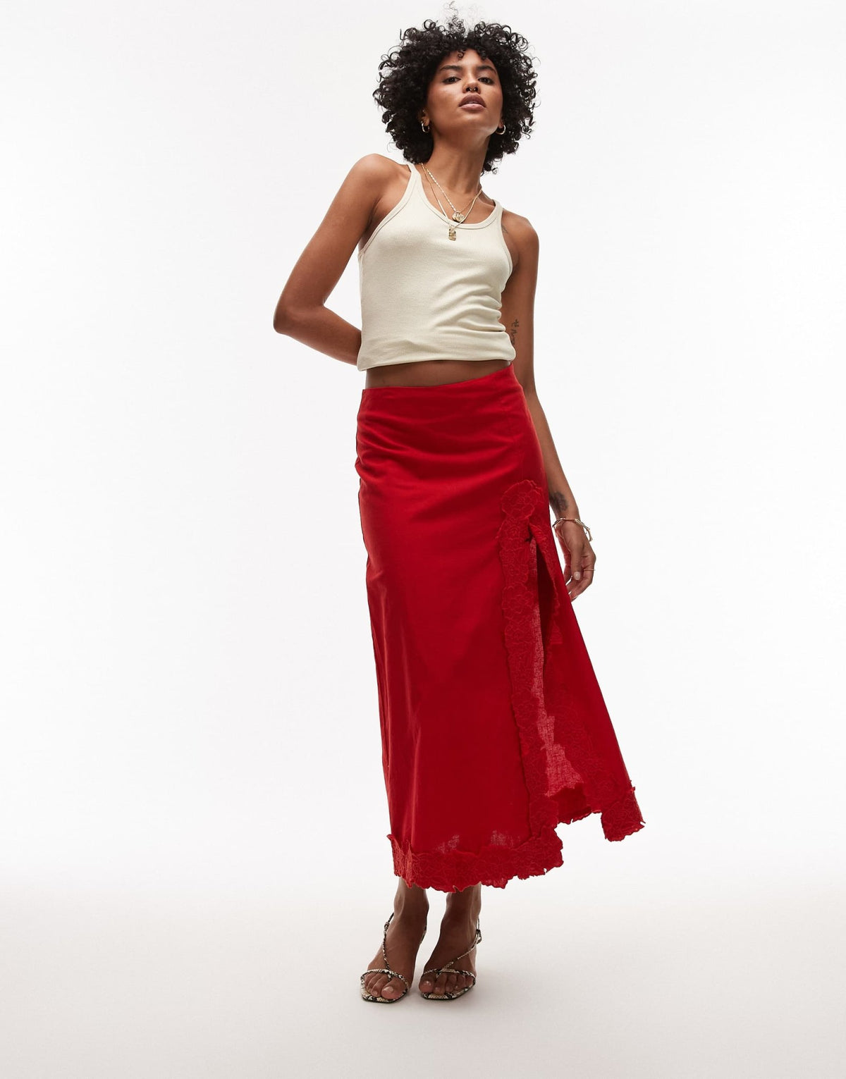Topshop floral cutwork midi skirt with split in red - ASOS Sample Sale