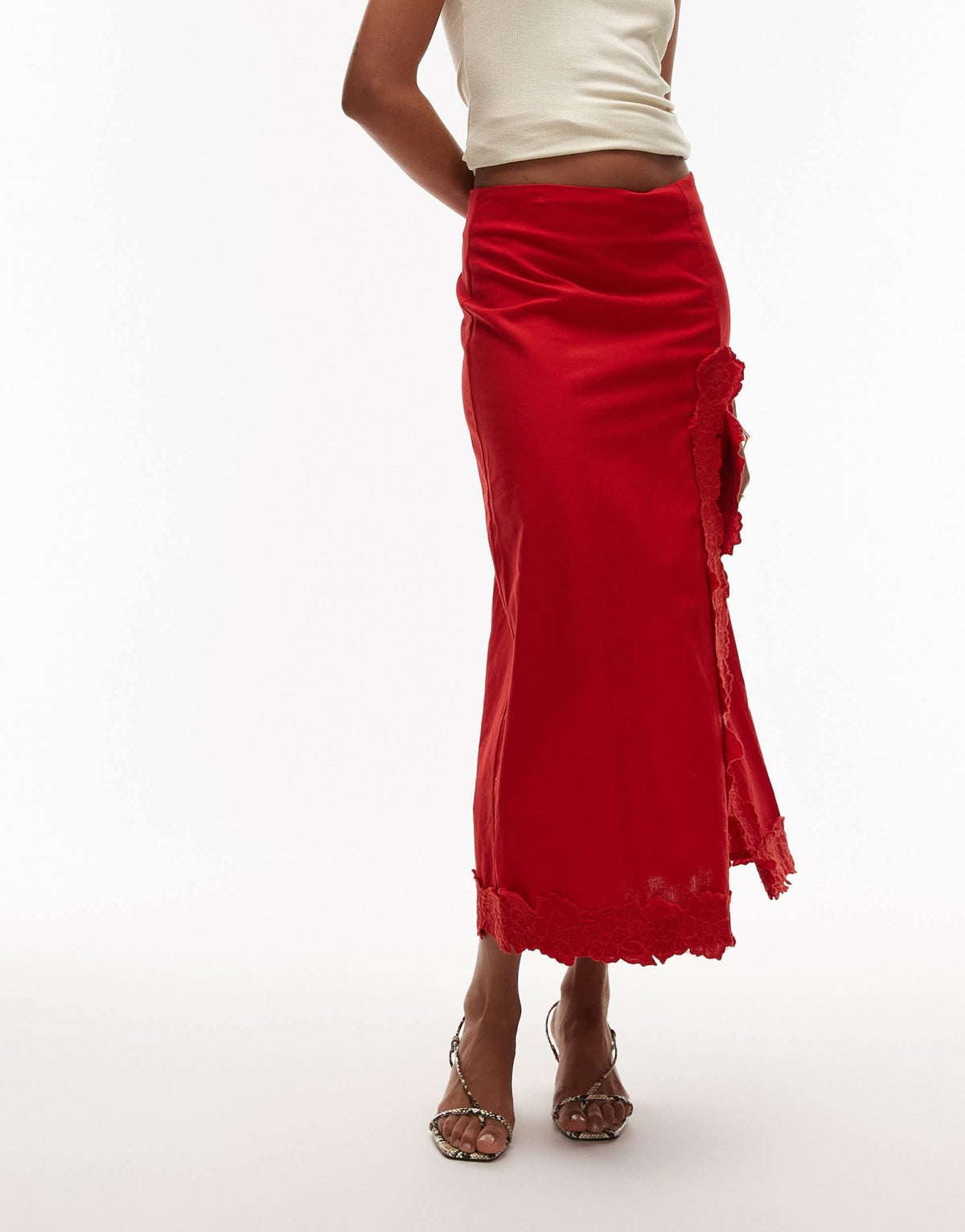 Topshop floral cutwork midi skirt with split in red - ASOS Sample Sale