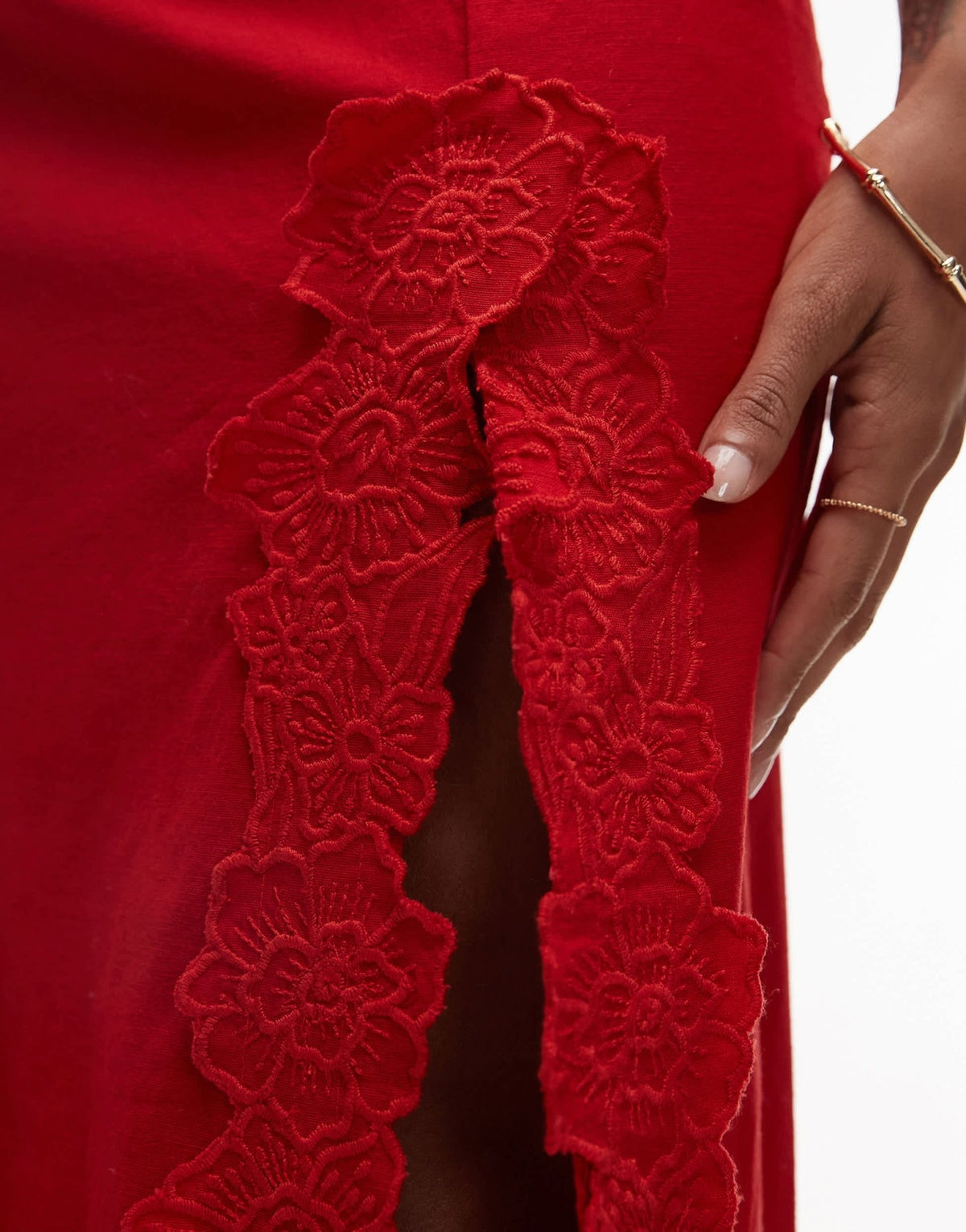 Topshop floral cutwork midi skirt with split in red - ASOS Sample Sale