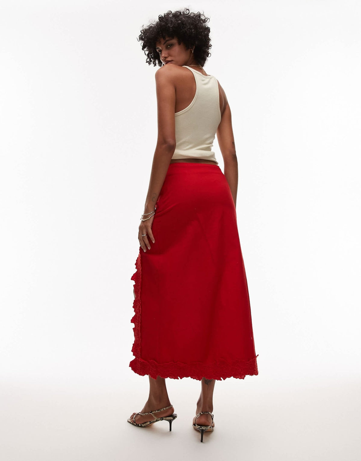 Topshop floral cutwork midi skirt with split in red - ASOS Sample Sale