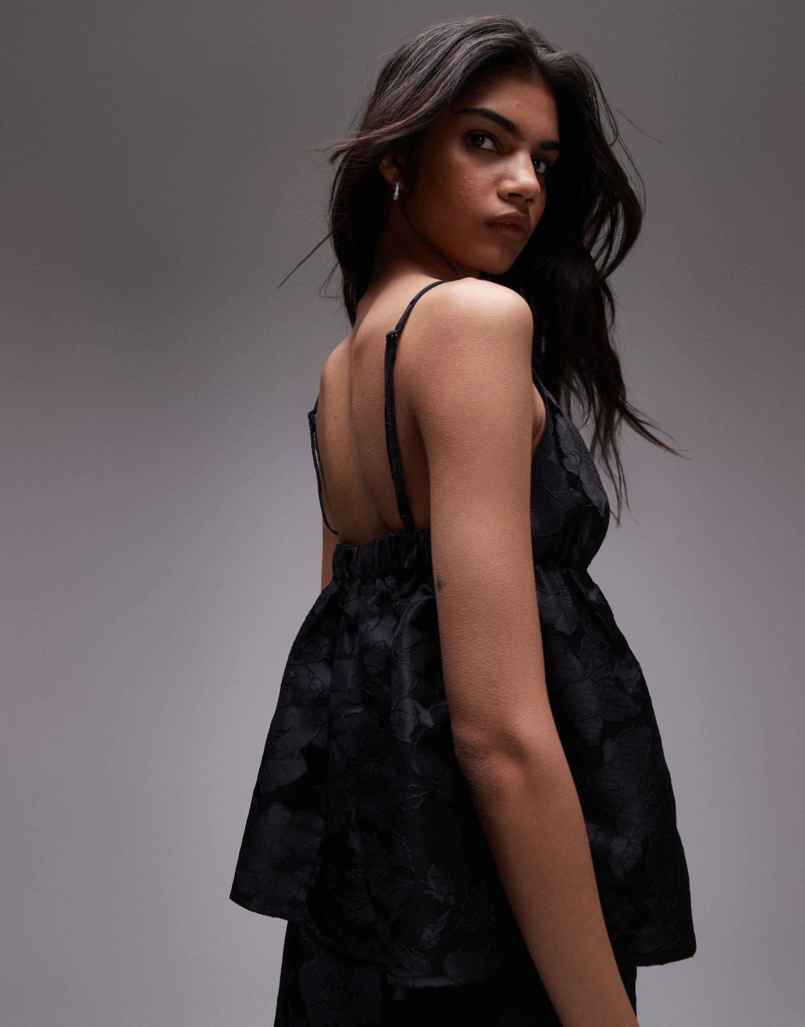 Topshop floral jacquard babydoll top in black - ASOS Sample Sale