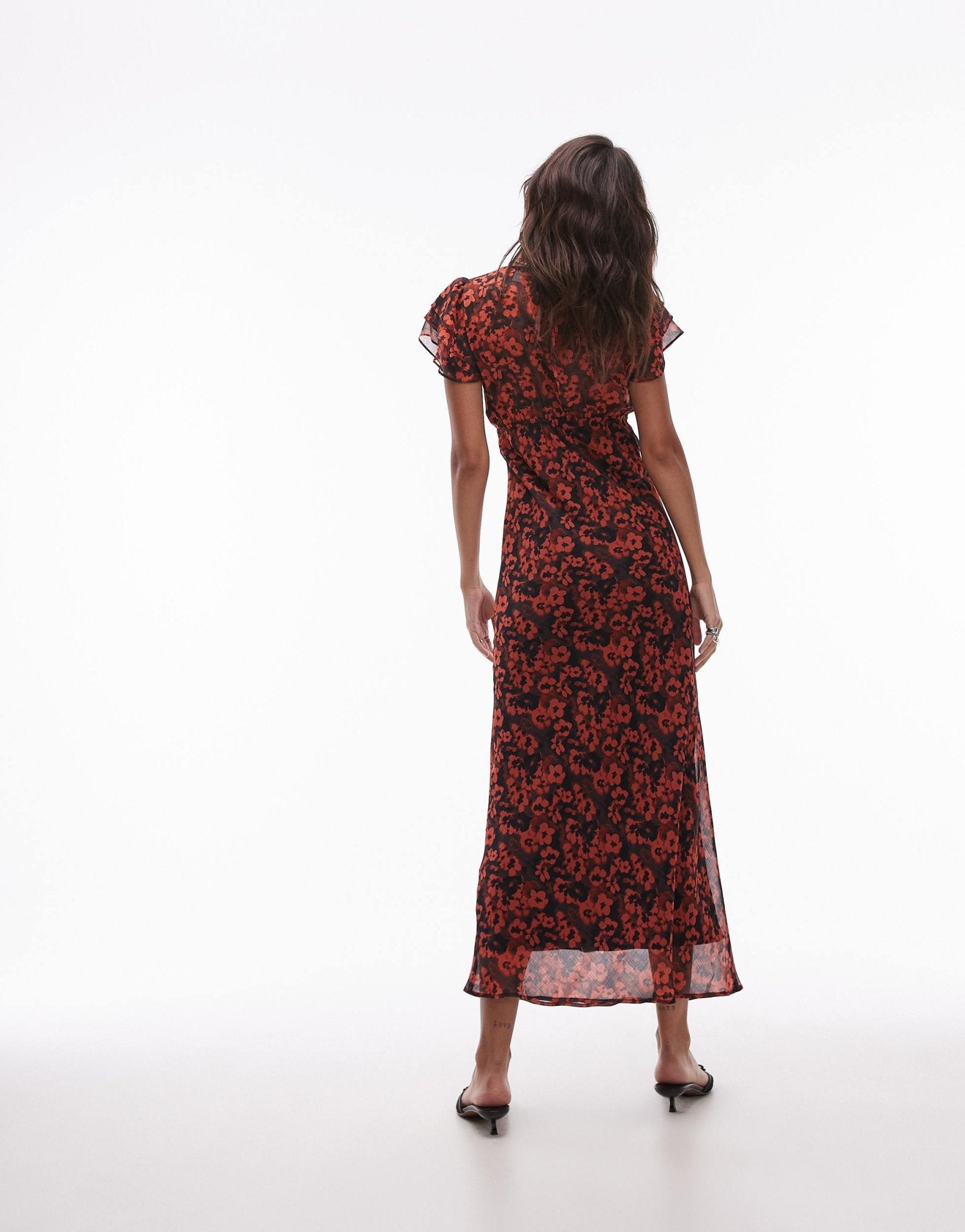 Topshop flutter sleeve midi dress in rust floral - ASOS Sample Sale