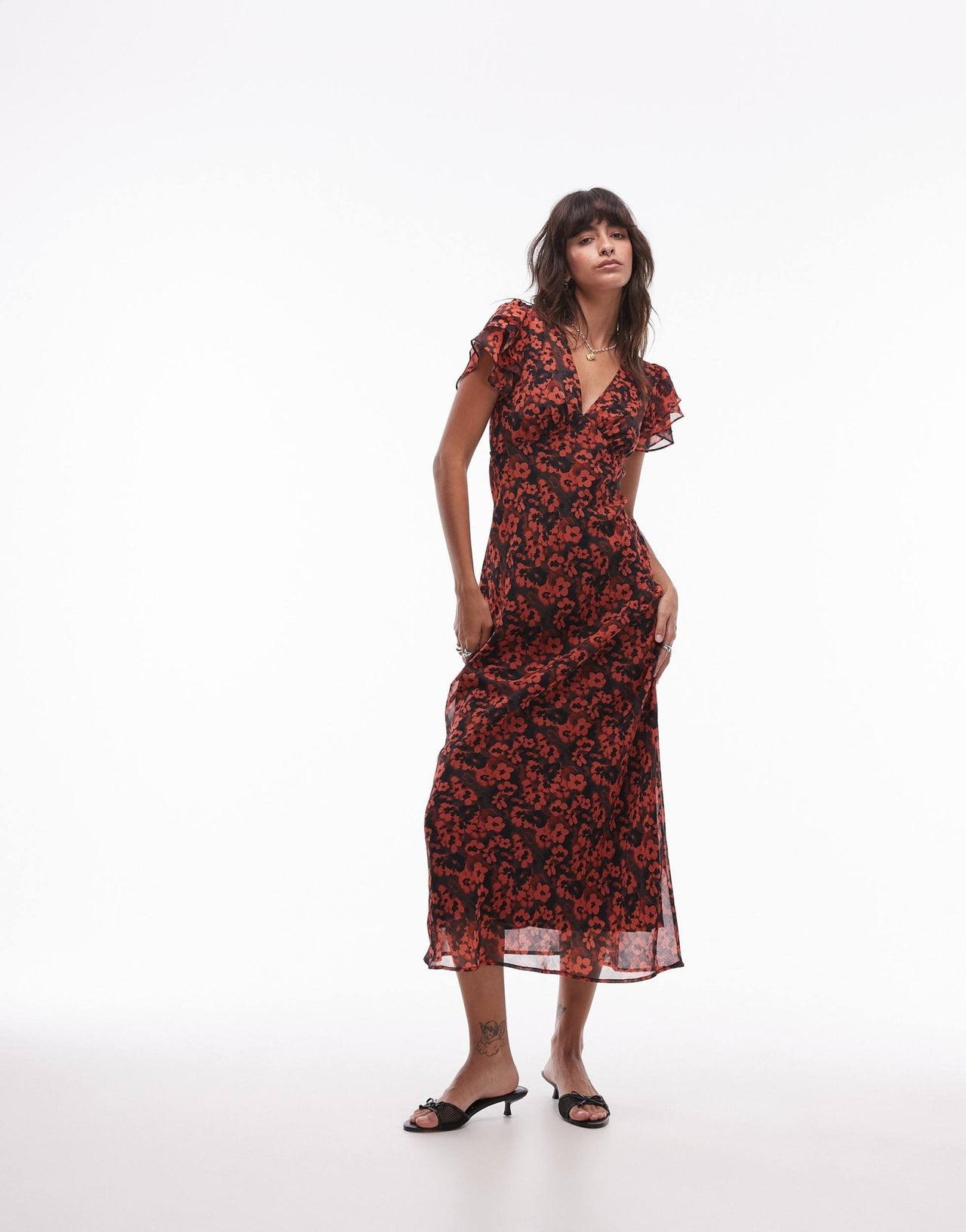 Topshop flutter sleeve midi dress in rust floral - ASOS Sample Sale
